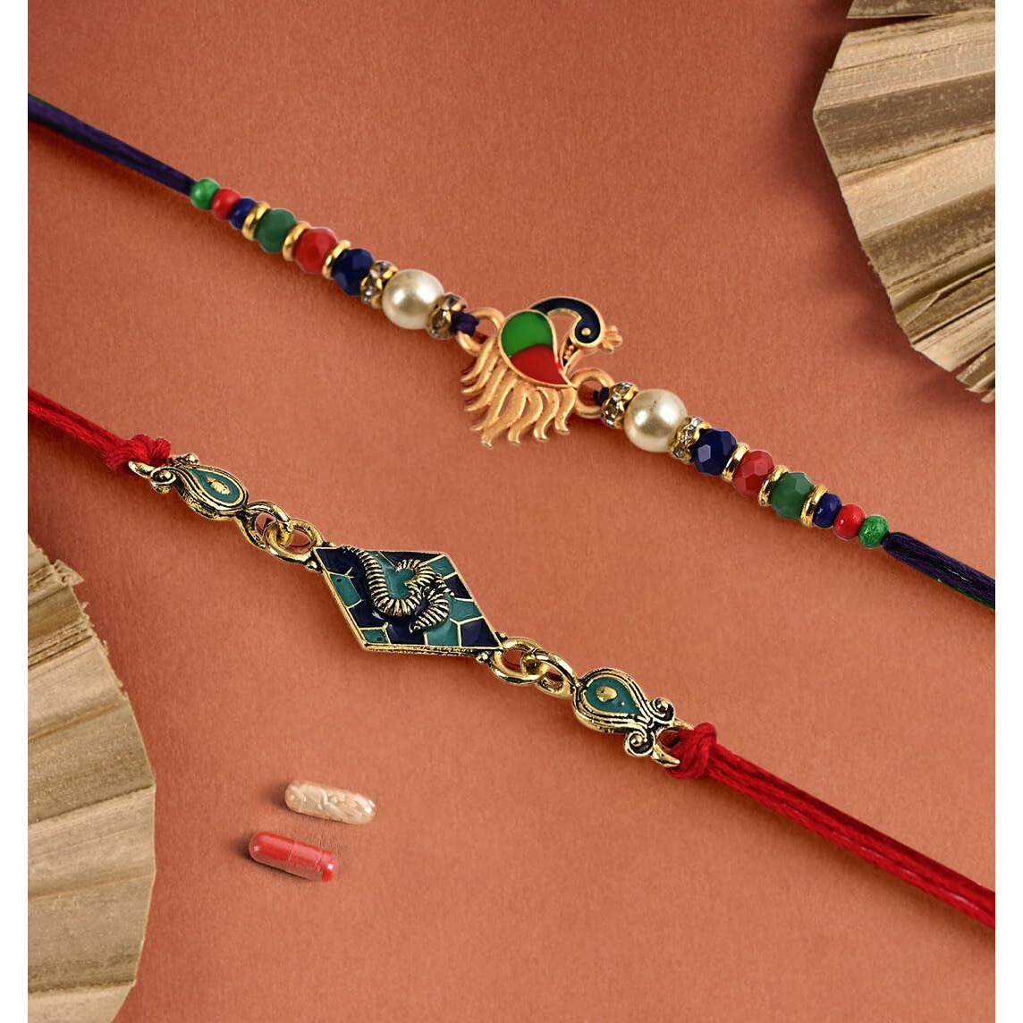 Chottey Lal And Sons Rakshabandhan Om Symbol And Peacock Designer Thread Rakhi With Roli Chawal And Card Combo | Traditional Rakhi For Brothers And Sisters (Set Of 2)