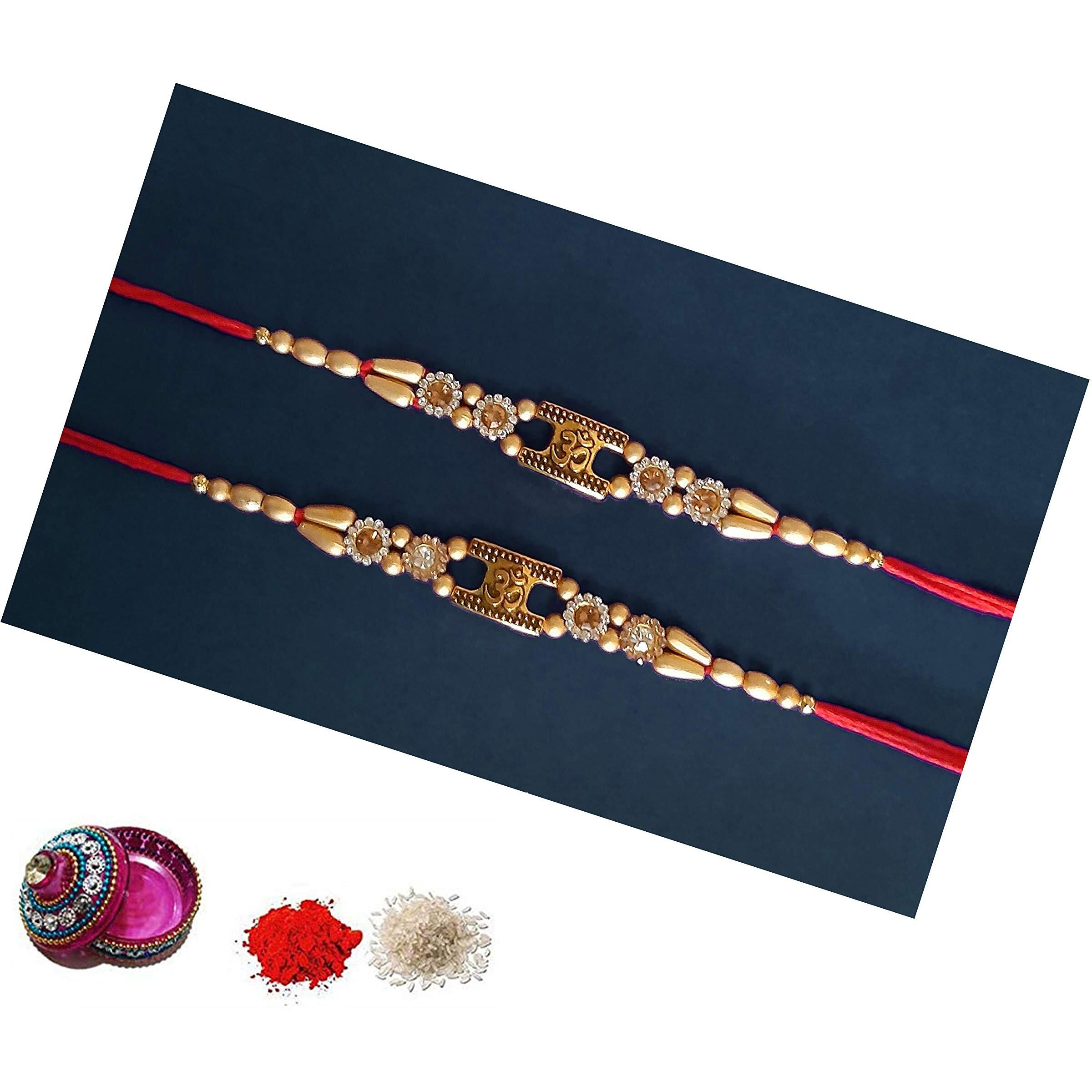 Tuski Om Rakshabandhan Rakhi | Om Rakhi Bracelet For Brother/Bhai/Bhaiya | Rakhi Set With Decorative Roli And Chawal Box | Moli Rakhi (Set Of 2)