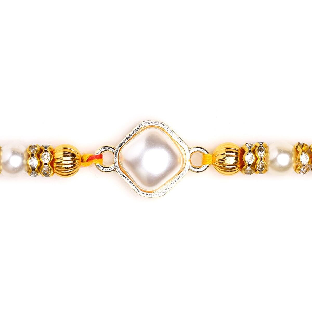 Accessher Mens Traditional Gold Plated Elegant Fresh Water Pearl Rakhi For Beloved Brother Pack Of 1 With Roli Kumkum Packets, And Happy Rakshabandhan Card