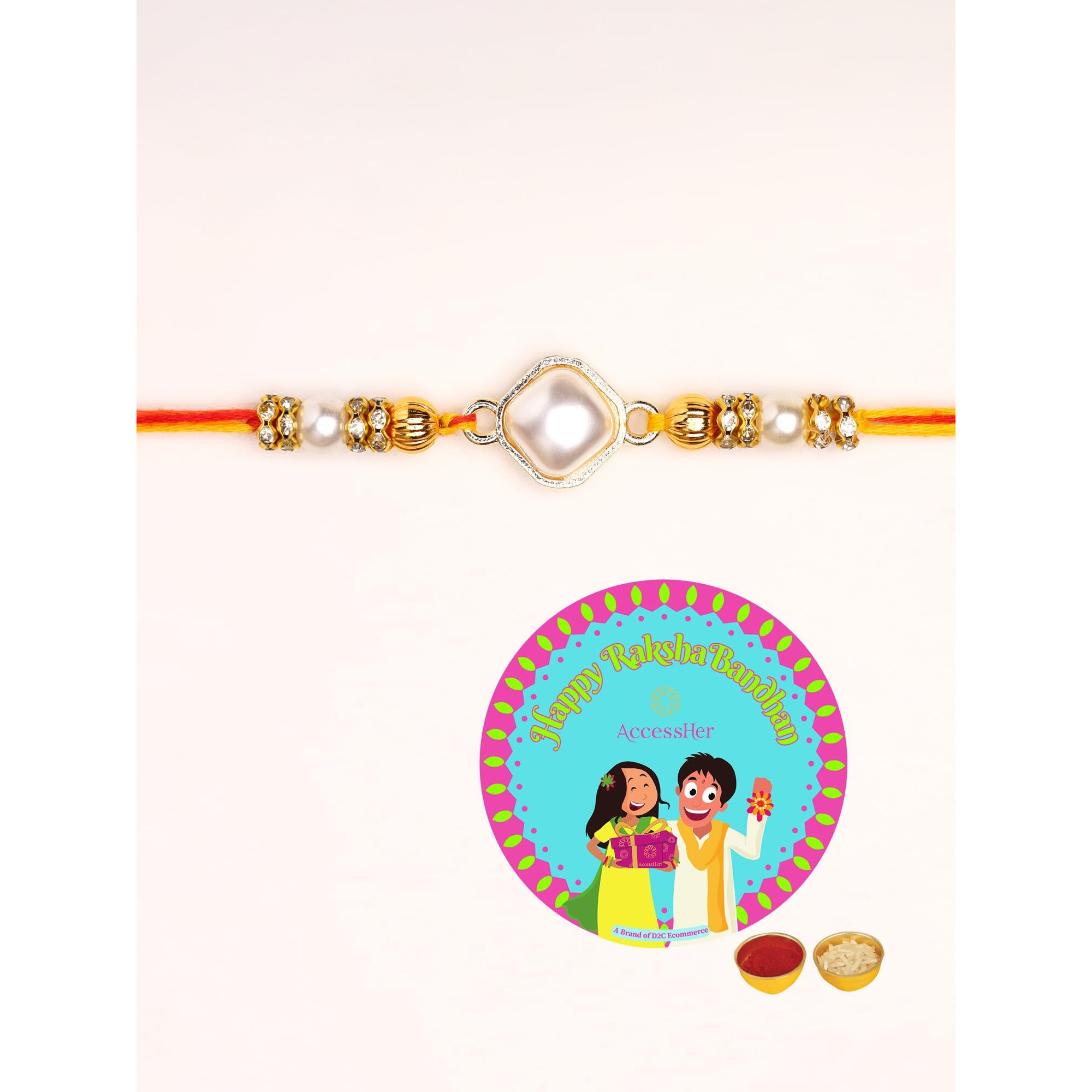 Accessher Mens Traditional Gold Plated Elegant Fresh Water Pearl Rakhi For Beloved Brother Pack Of 1 With Roli Kumkum Packets, And Happy Rakshabandhan Card