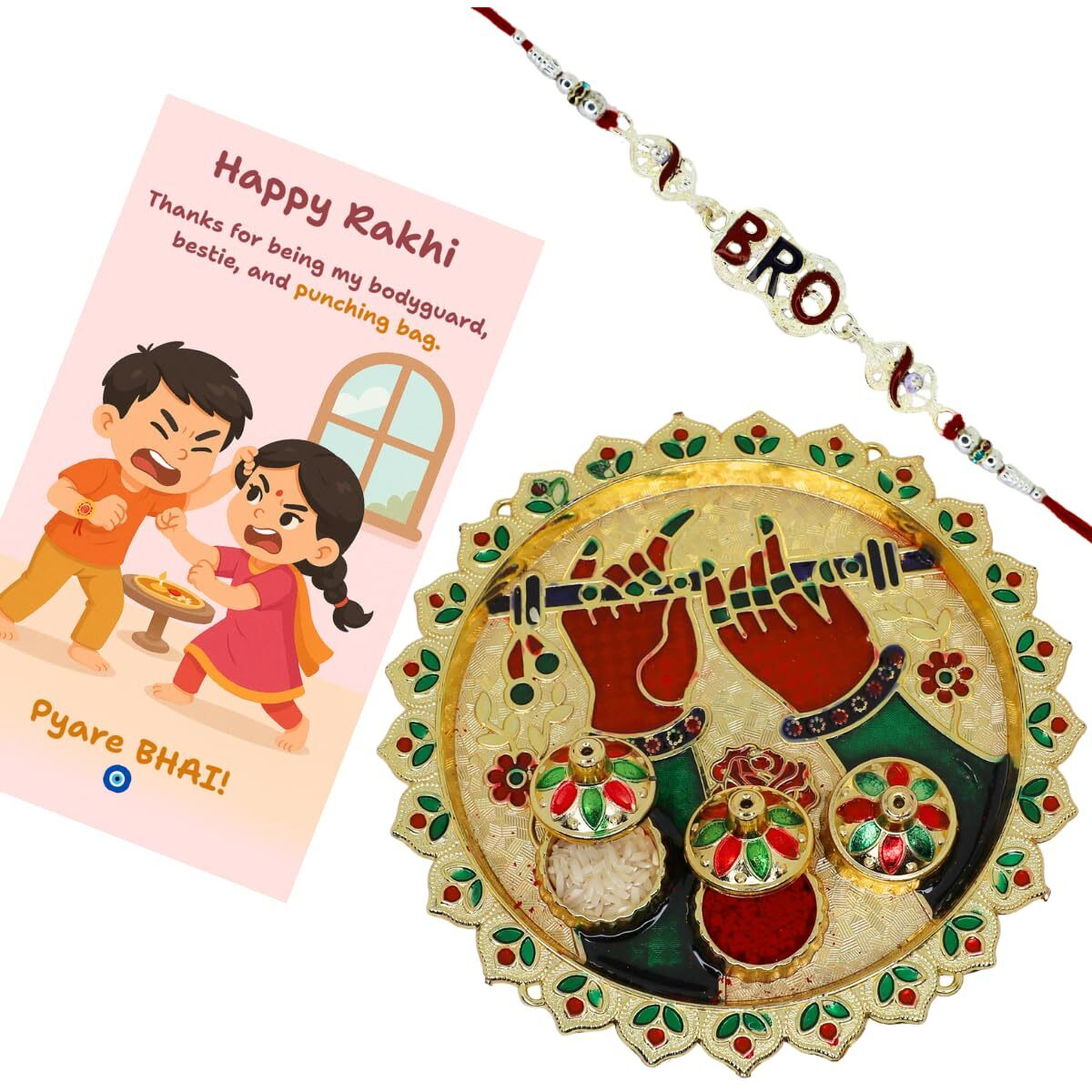 Jwella Bro Letter Rakhi With Quirky Raksha Bandhan Card,Kumkum & Decorative Pooja Thali (18Cm)| Funky Gift Combo For Brother | Rakhi Set For Pyare Bhai
