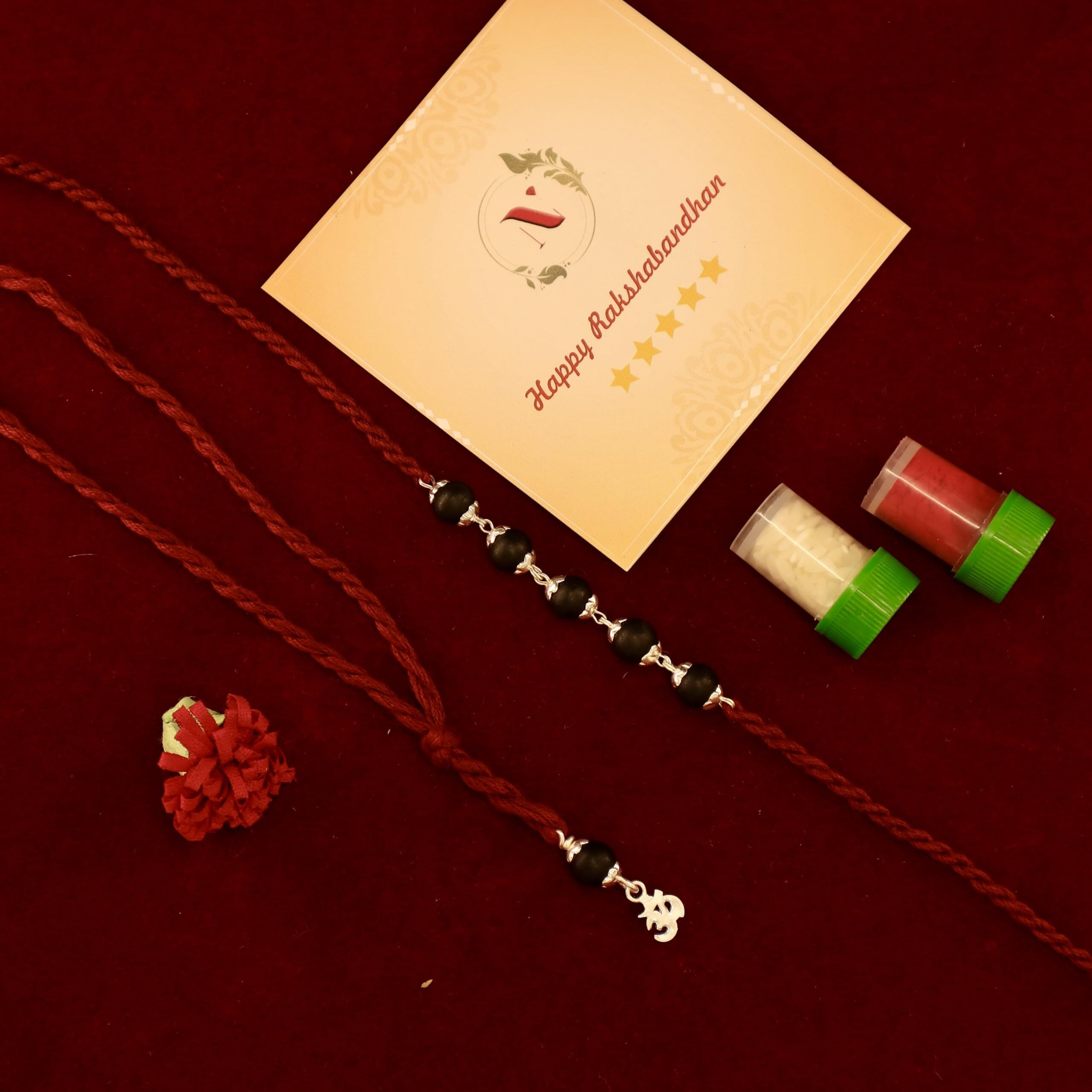 Njels Silver Rakhi Bracelet For Brother | Combo Karungali Rakhi For Bhai And Bhabhi | Silver Rakhi For Brother With Pure Cotton Thread | 5 Karungali Beads