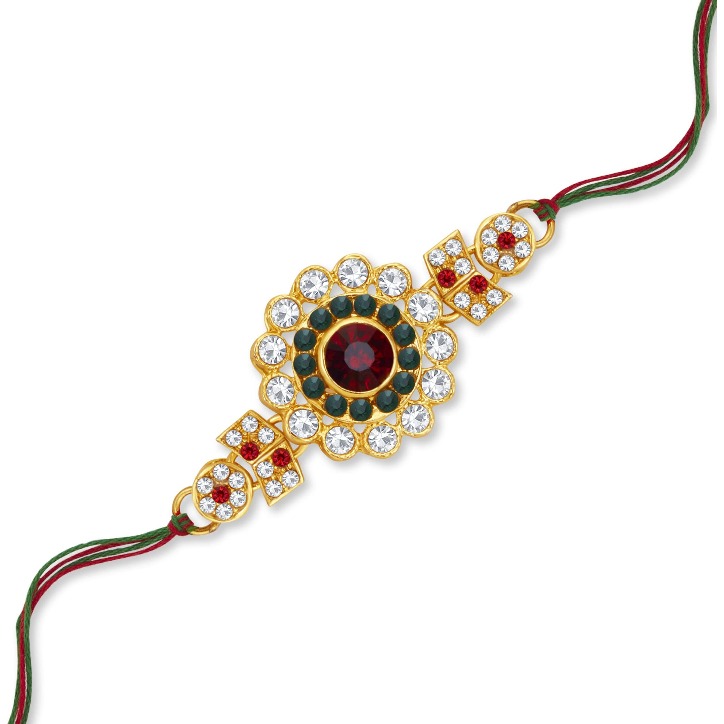 Sukkhi Rakhi Glamorous Kundan Designer Gold Plated Premium Rakhi For Brother With Roli Chawal & Greeting Card | Rakhi For Bhaiya | Rakhi For Men | Kundan Rakhi | (Rak104520)