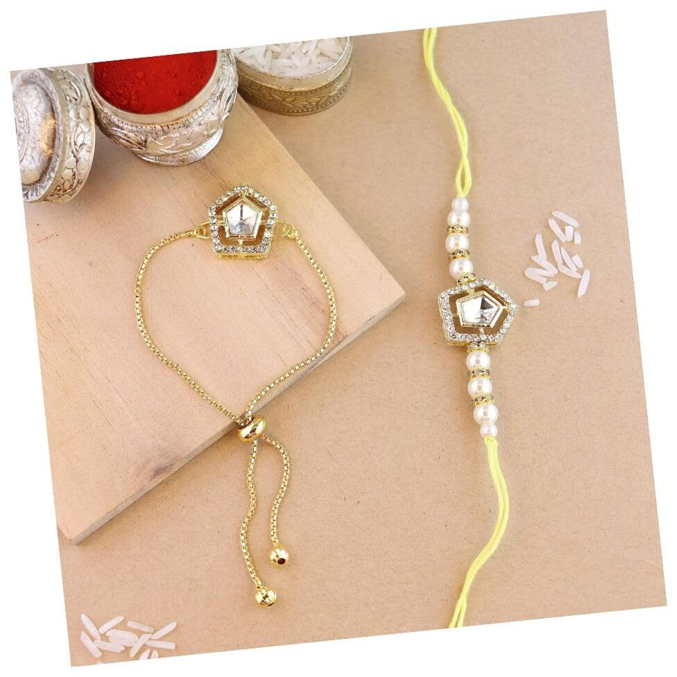 I Jewels Mens Kundan & Pearl Bhaiya Bhabhi Lumba Rakhi Set With Adjustable Pull Chain With Roli Chawal And Rakshabandhan Card (R102W-Co)