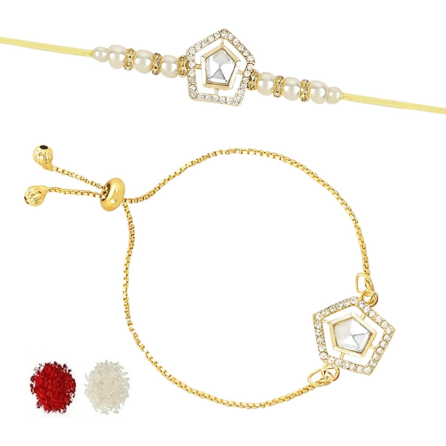 I Jewels Mens Kundan & Pearl Bhaiya Bhabhi Lumba Rakhi Set With Adjustable Pull Chain With Roli Chawal And Rakshabandhan Card (R102W-Co)