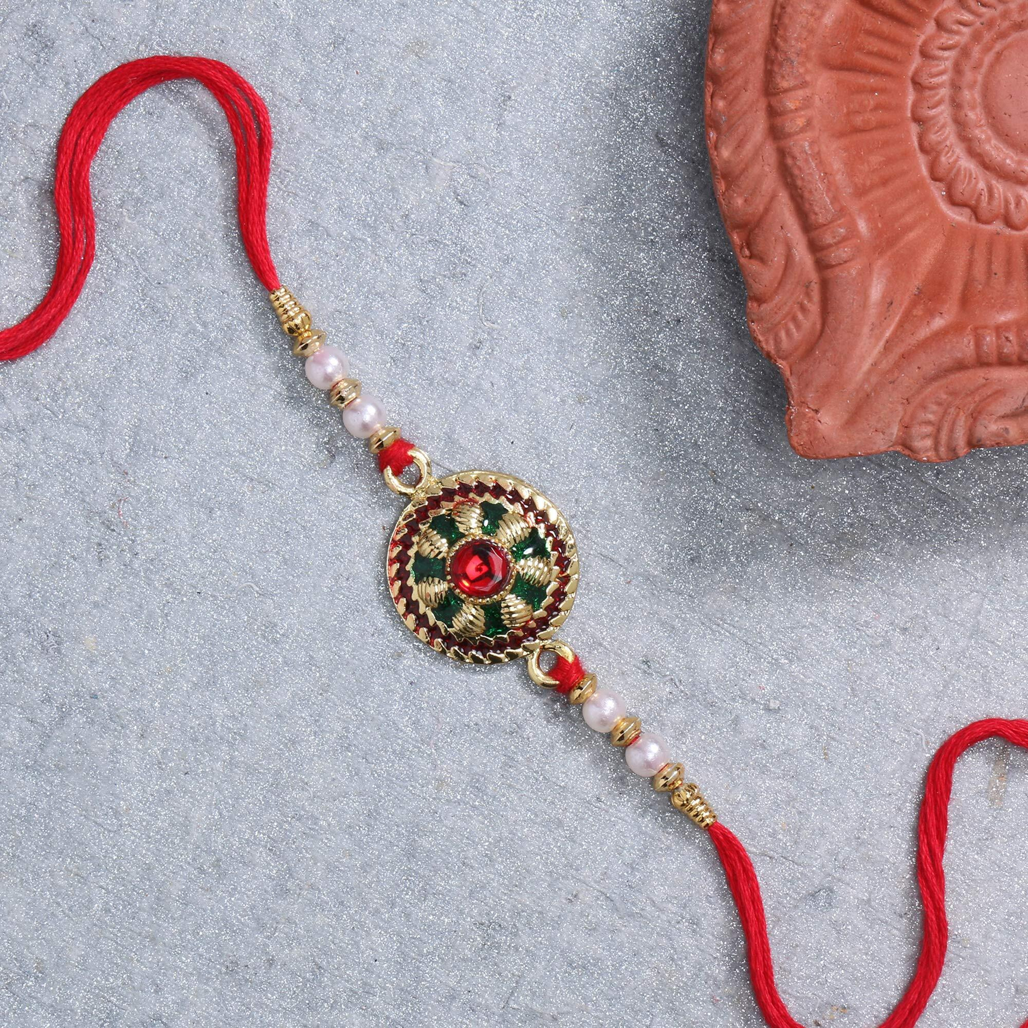 Live Evil Marvellous Gold Plated Maroon Meena Work Rakhi For Brother Sister With Raksha Bandhan Greeting Card Having Traditional Ethnic Unique Design Specially Hand Made By Indian Craftsmen