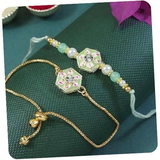 I Jewels Unisex Adult Meenakari Pearl Bhaiya Bhabhi Lumba Bracelet Rakhi Set With Roli Chawal And Rakshabandhan Card (R169-Co) (Mint)