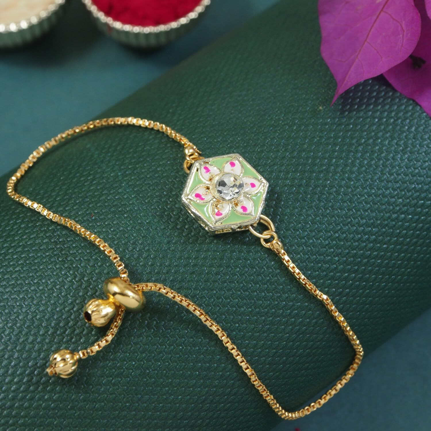 I Jewels Unisex Adult Meenakari Pearl Bhaiya Bhabhi Lumba Bracelet Rakhi Set With Roli Chawal And Rakshabandhan Card (R169-Co) (Mint)