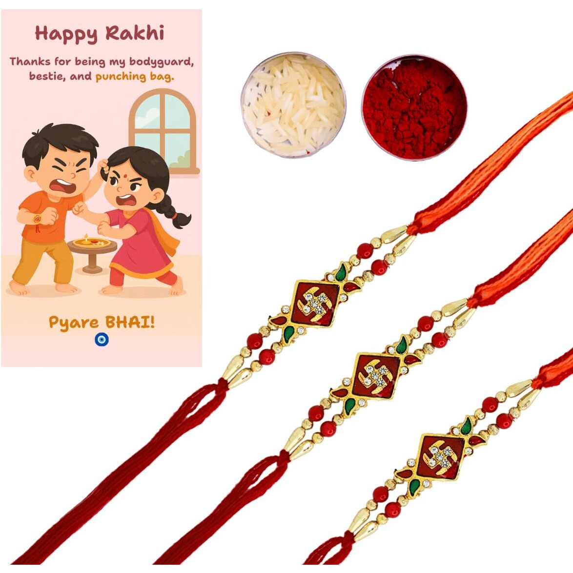 Jwella Swastik Rakhi With Quirky Raksha Bandhan Card, Roli & Chawal Pack Of 3 | Traditional Rakhi Combo For Brother