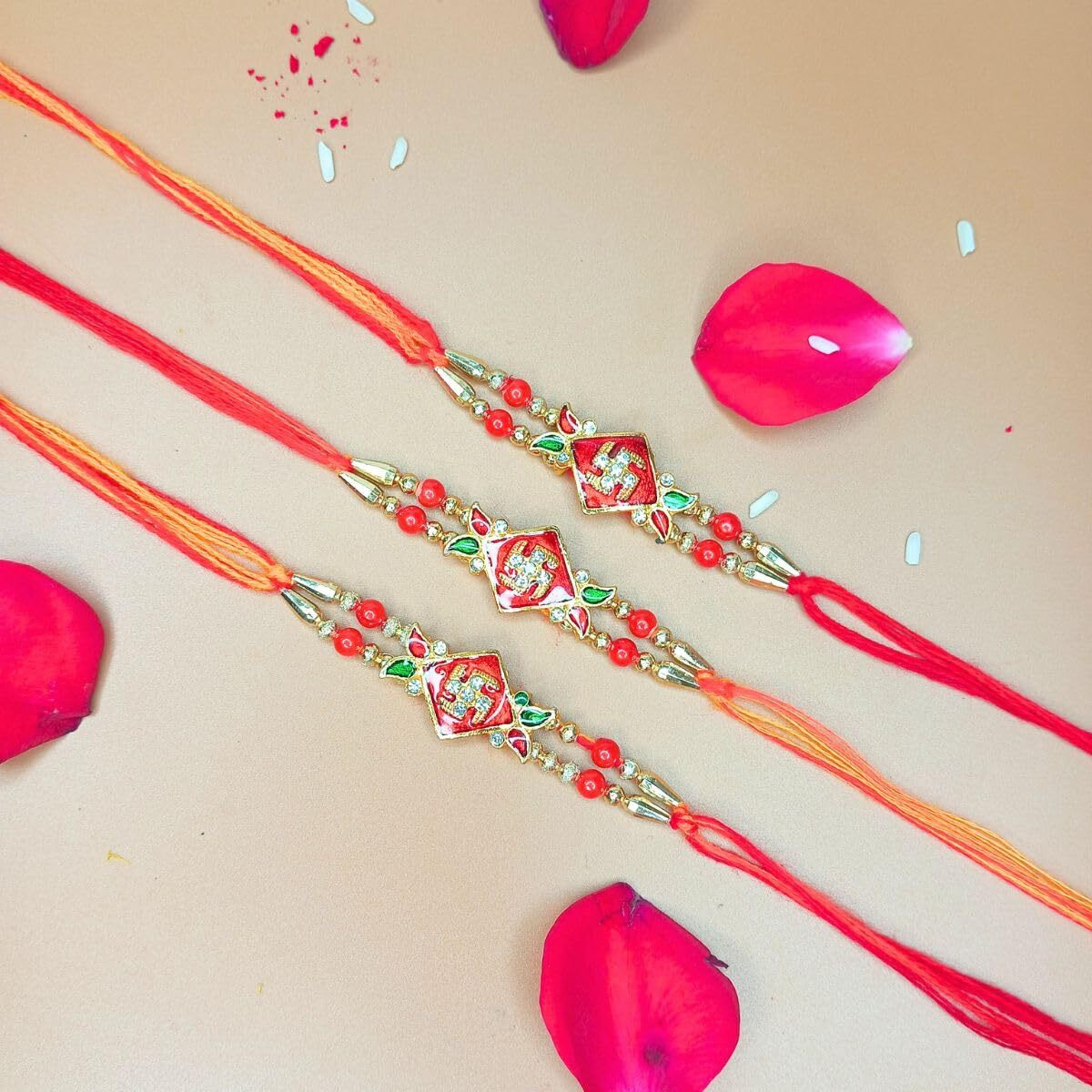 Jwella Swastik Rakhi With Quirky Raksha Bandhan Card, Roli & Chawal Pack Of 3 | Traditional Rakhi Combo For Brother