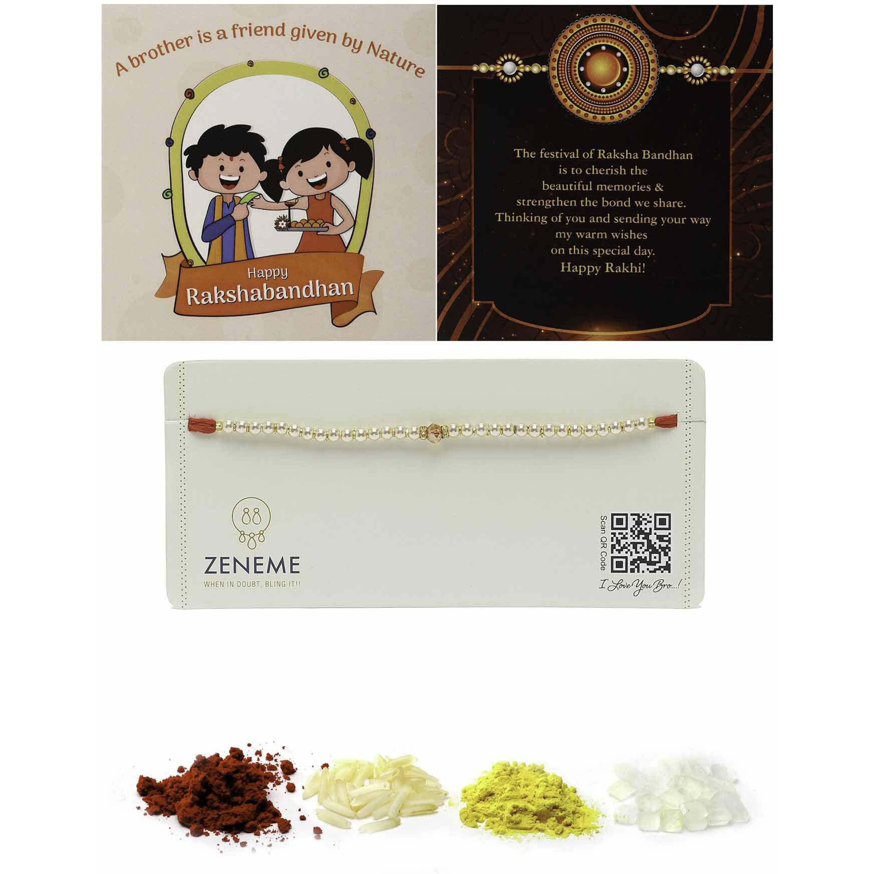 Zeneme Rakhi For Bhai Rakhi For Bhaiya Champagne Pearl Stringed In Red Thread Rakhi With Roli Chawal And Raksha Bandhan Greeting Card For Brother