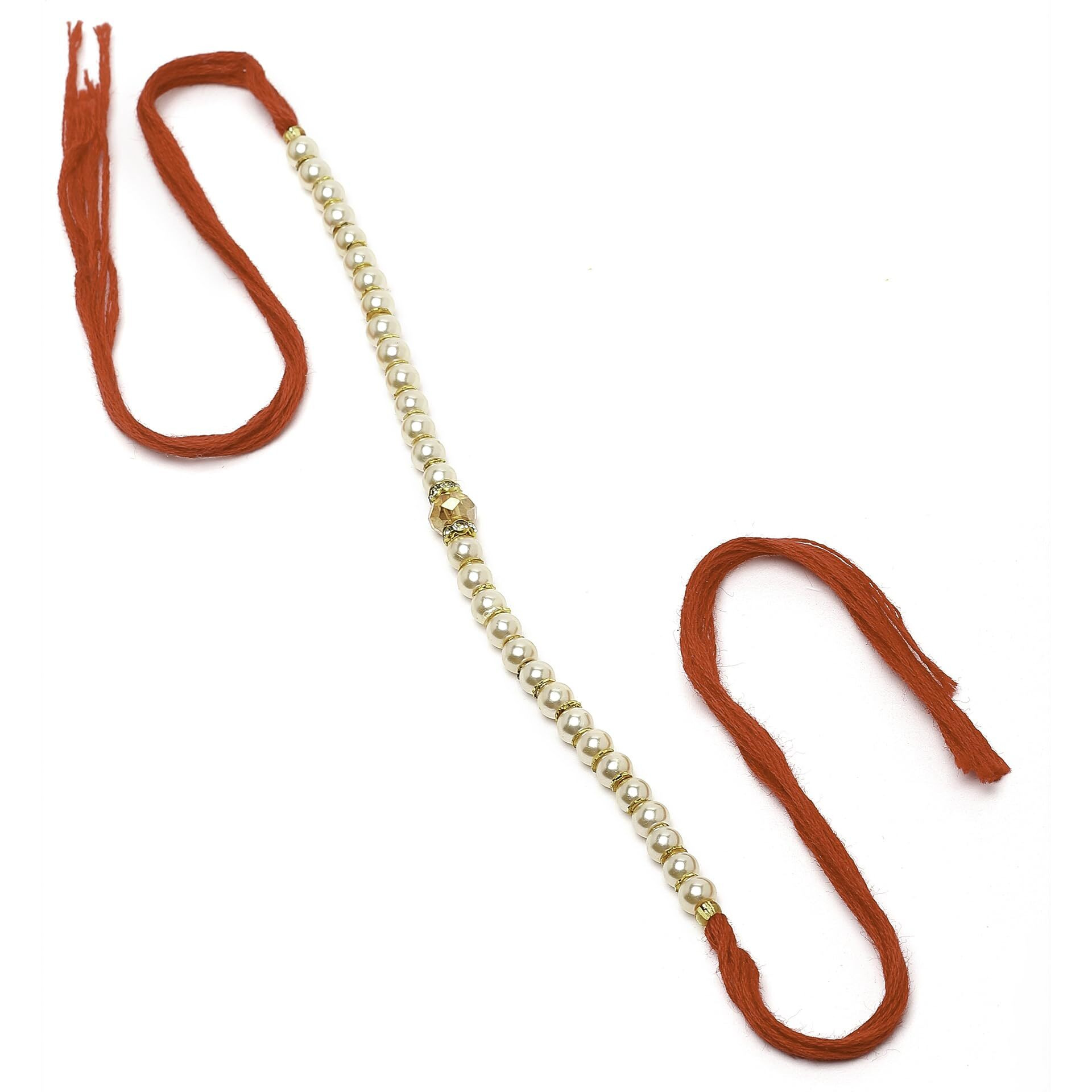 Zeneme Rakhi For Bhai Rakhi For Bhaiya Champagne Pearl Stringed In Red Thread Rakhi With Roli Chawal And Raksha Bandhan Greeting Card For Brother