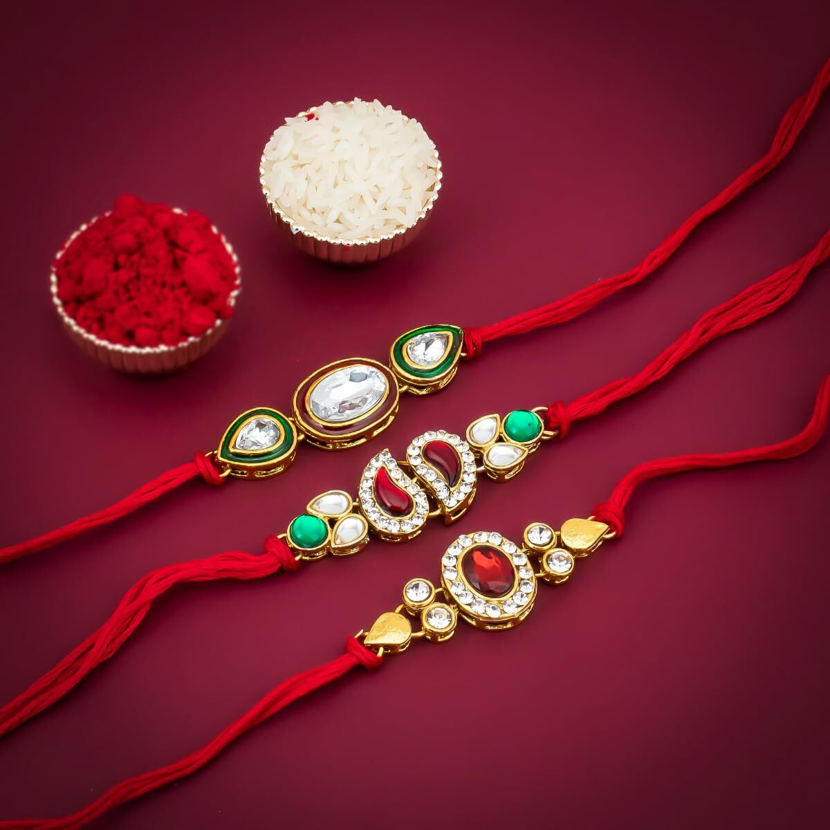 Sukkhi Rakhi Iconic Kundan Rakhi Combo & Designer Gold Plated Premium Rakhi For Brother, Roli Chawal & Greeting Card|Rakhi For Bhaiya|Rakhi For Men|Kundan Rakhi|Rakhi Combo-Set Of 3 |Cbrak82927