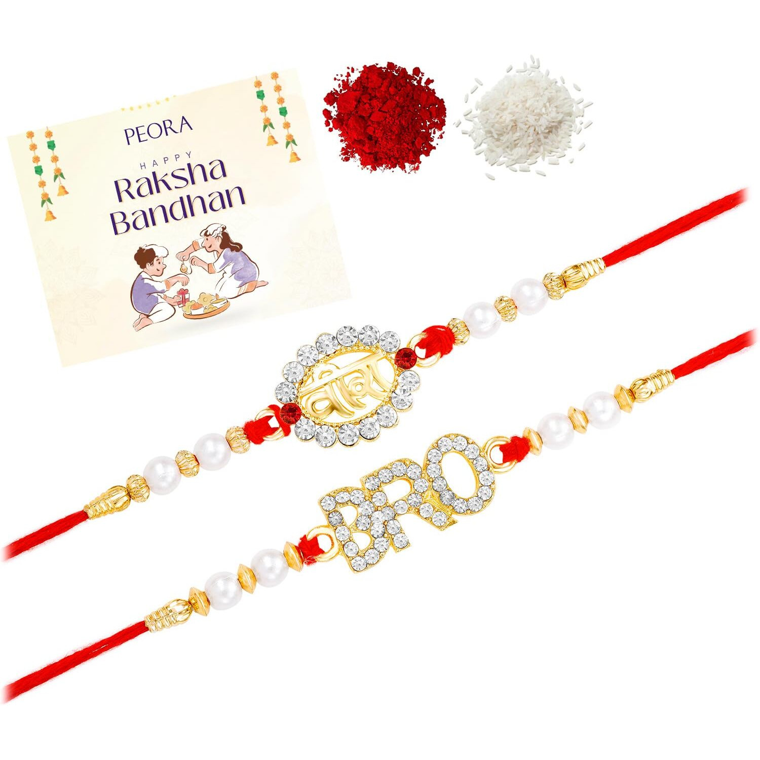Peora Crystal & Beads Studded Bro & Vira Thread Rakhi For Brother Bhaiya Raksha Bandhan Hamper With Roli Chawal Greeting Card (Combo, Pack Of 2)