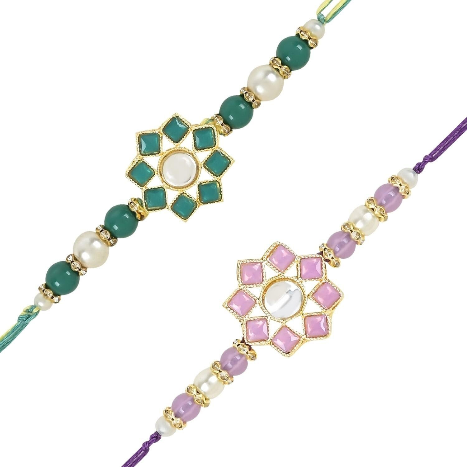 I Jewels Pearl & Kundan Designer Bhaiya Rakhi With Roli Chawal For Brother/Bro/Men With Rakshabandhan Card (R108G-Pu-2) (Pack Of 2)