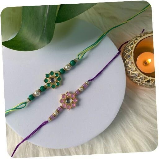 I Jewels Pearl & Kundan Designer Bhaiya Rakhi With Roli Chawal For Brother/Bro/Men With Rakshabandhan Card (R108G-Pu-2) (Pack Of 2)