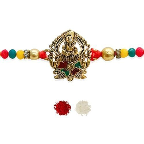 Chottey Lal And Sons Rakshabandhan Thread Ganesh Ji Rakhi With Roli Chawal || Traditional Colorful Designer Thread Rakhi For Brother And Sister (Pack Of 1, Multicolor)