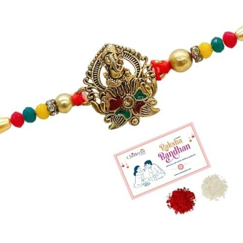 Chottey Lal And Sons Rakshabandhan Thread Ganesh Ji Rakhi With Roli Chawal || Traditional Colorful Designer Thread Rakhi For Brother And Sister (Pack Of 1, Multicolor)