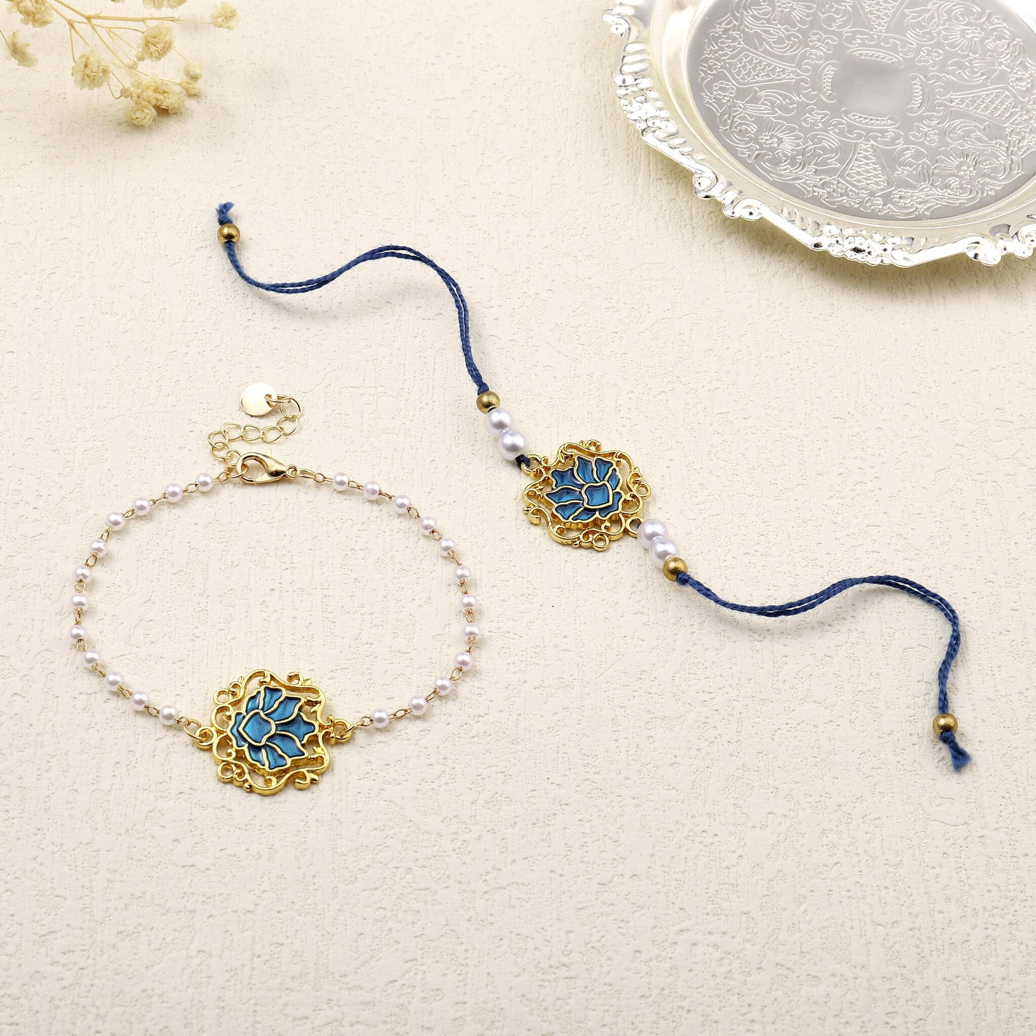 Salty Sapphire Lotus Designer Rakhi Set For Bhaiya & Bhabhi | Moli Dora Style Rakhi Combo | Stylish Raksha Bandhan Gift