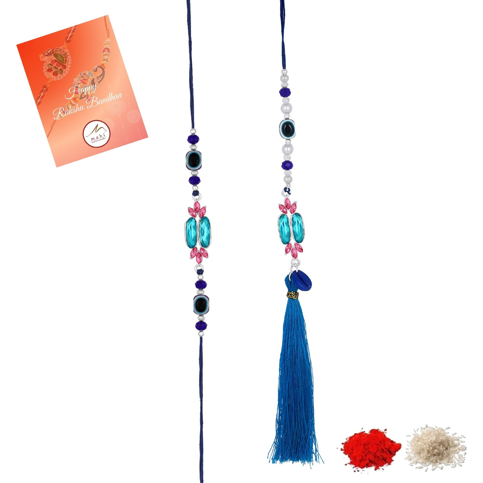 Mahi Simple And Classic Blue Crystals And Evil Eye Lumba And Brother Rakhi Set For Bhaiya And Bhabhi (Rcol1105673R)