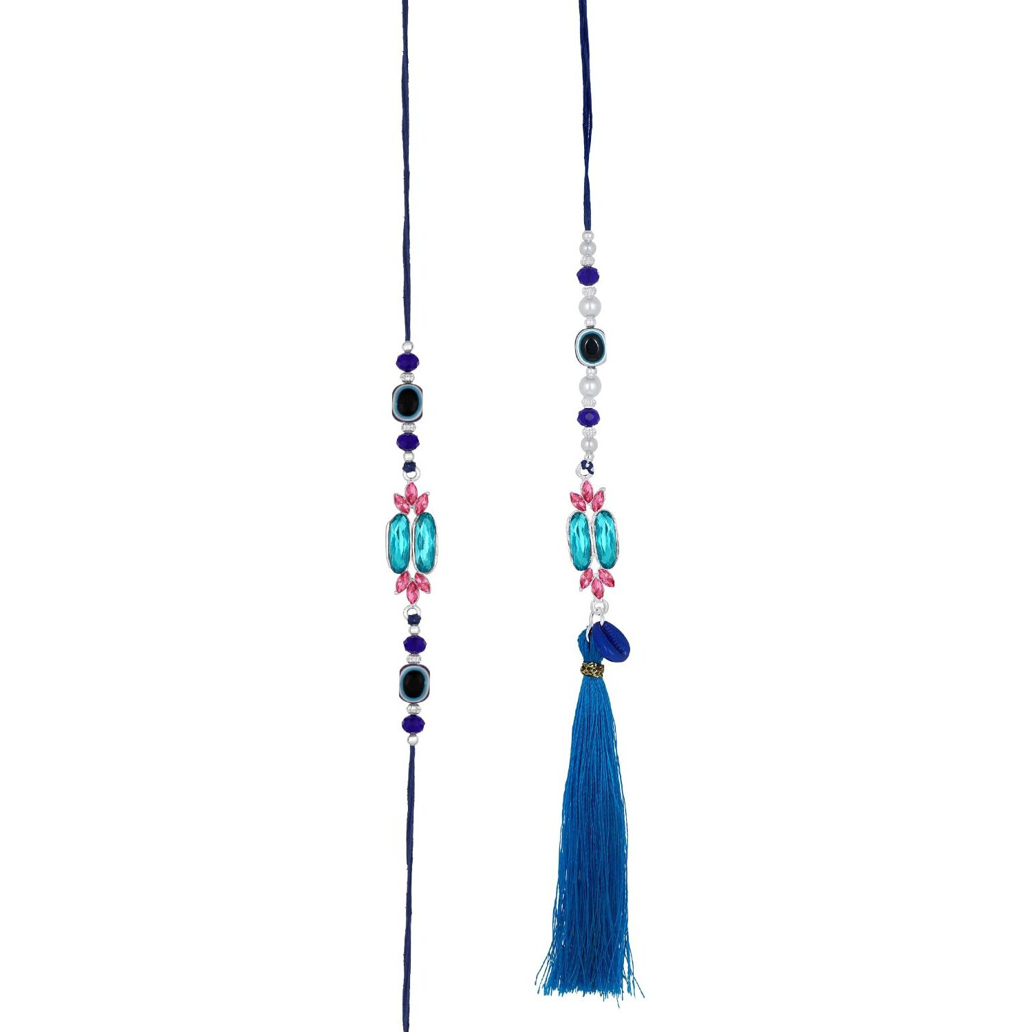 Mahi Simple And Classic Blue Crystals And Evil Eye Lumba And Brother Rakhi Set For Bhaiya And Bhabhi (Rcol1105673R)
