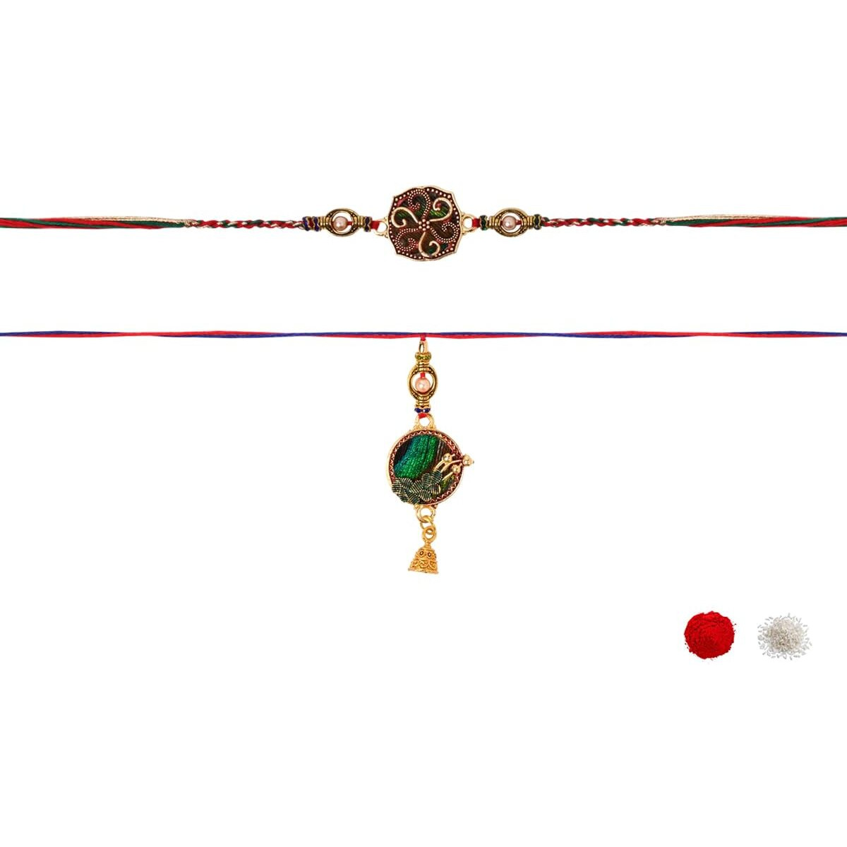 I Jewels Designer Bhaiya Bhabhi Bracelet & Rakhi Combo Set With Roli Chawal & Rakshabandhan Card (R348Mul-Co)