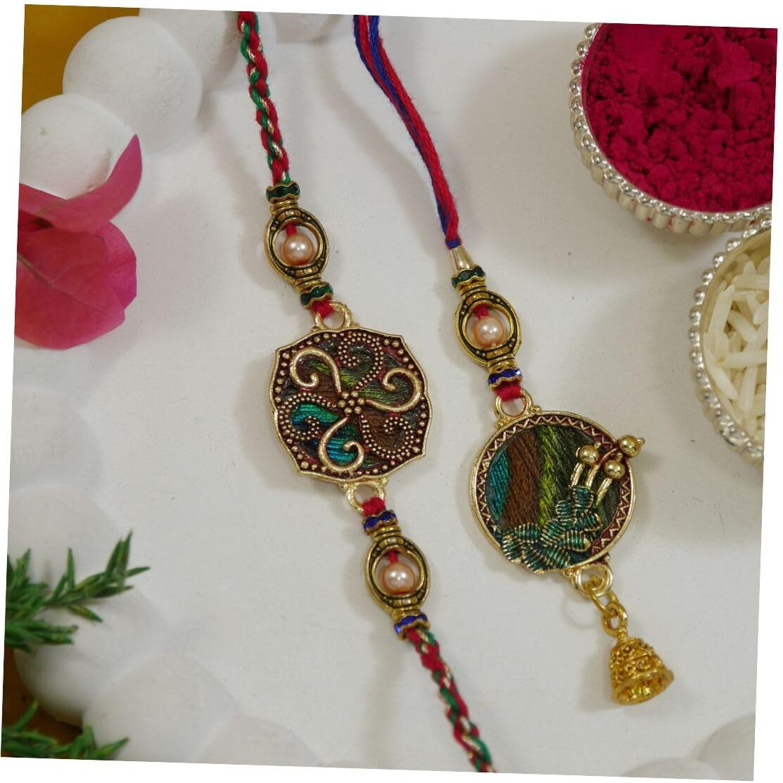 I Jewels Designer Bhaiya Bhabhi Bracelet & Rakhi Combo Set With Roli Chawal & Rakshabandhan Card (R348Mul-Co)
