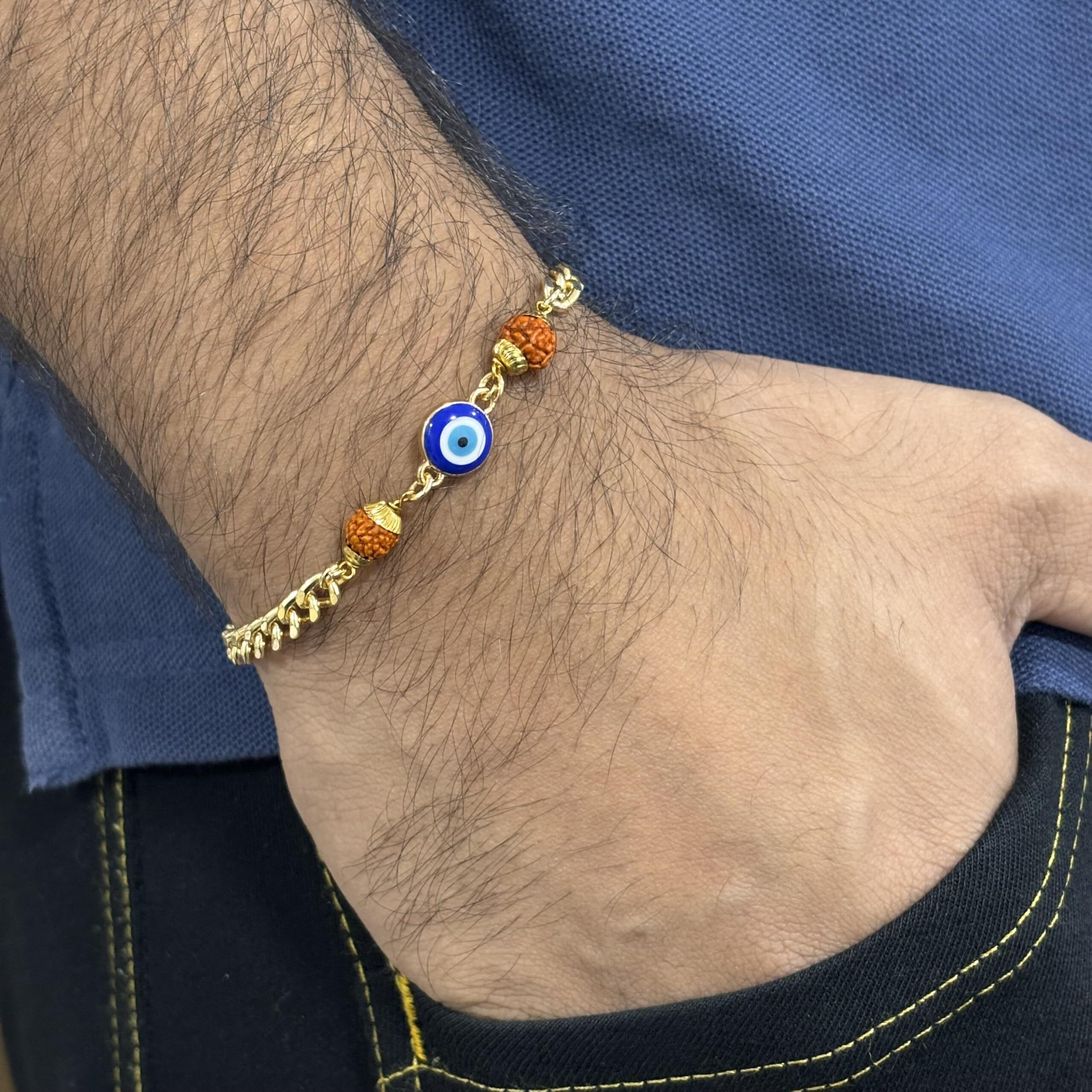 Pradhan Accessories Rudraksha Evil Eye Bracelet For Men & Women, Anti-Tarnish Gold Plated Jewellery, 8 Inches Adjustable, Lightweight, Handcrafted Stylish Bracelet For Daily Use, Rakhi, Gifting