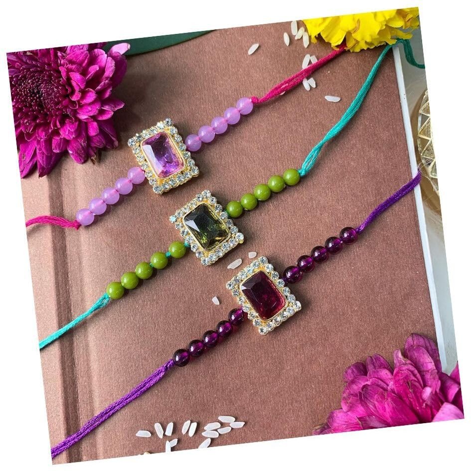 I Jewels Mens Pearl & Kundan Designer Bhaiya Rakhi With Roli Chawal & Rakshabandhan Card For Bro/Brother/Bhai (R010Mh-Pu-Wi) (Pack Of 3 Rakhi)