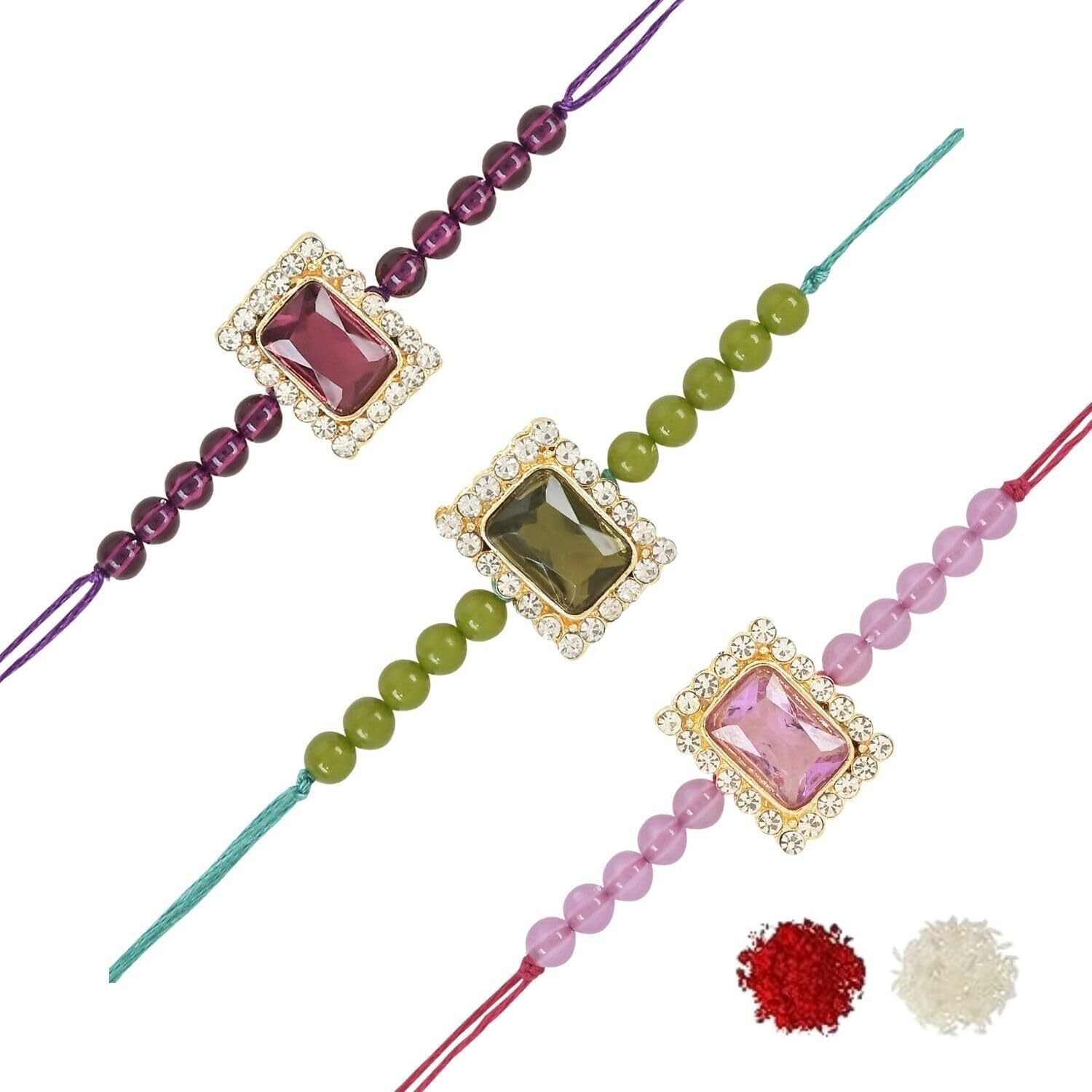 I Jewels Mens Pearl & Kundan Designer Bhaiya Rakhi With Roli Chawal & Rakshabandhan Card For Bro/Brother/Bhai (R010Mh-Pu-Wi) (Pack Of 3 Rakhi)