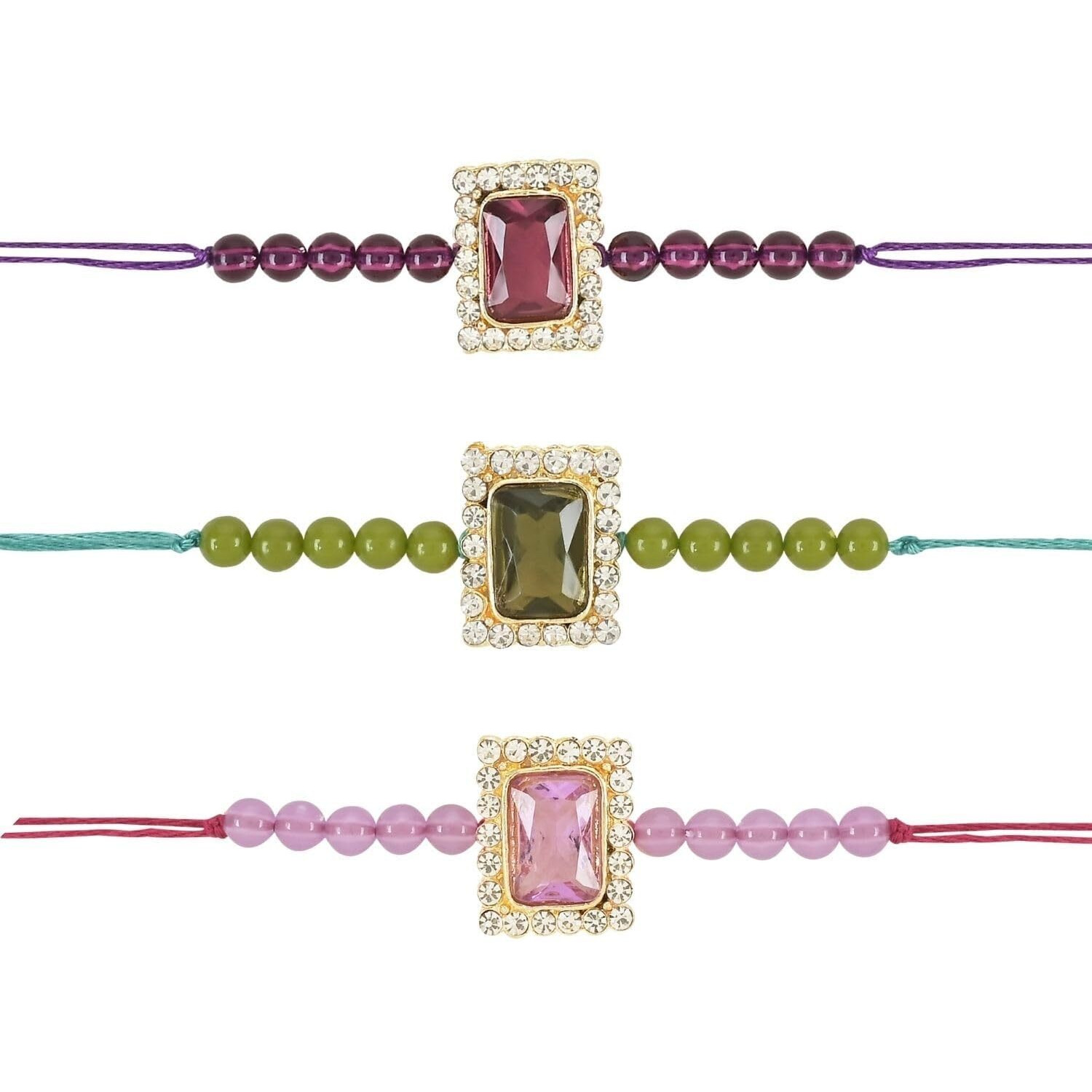 I Jewels Mens Pearl & Kundan Designer Bhaiya Rakhi With Roli Chawal & Rakshabandhan Card For Bro/Brother/Bhai (R010Mh-Pu-Wi) (Pack Of 3 Rakhi)