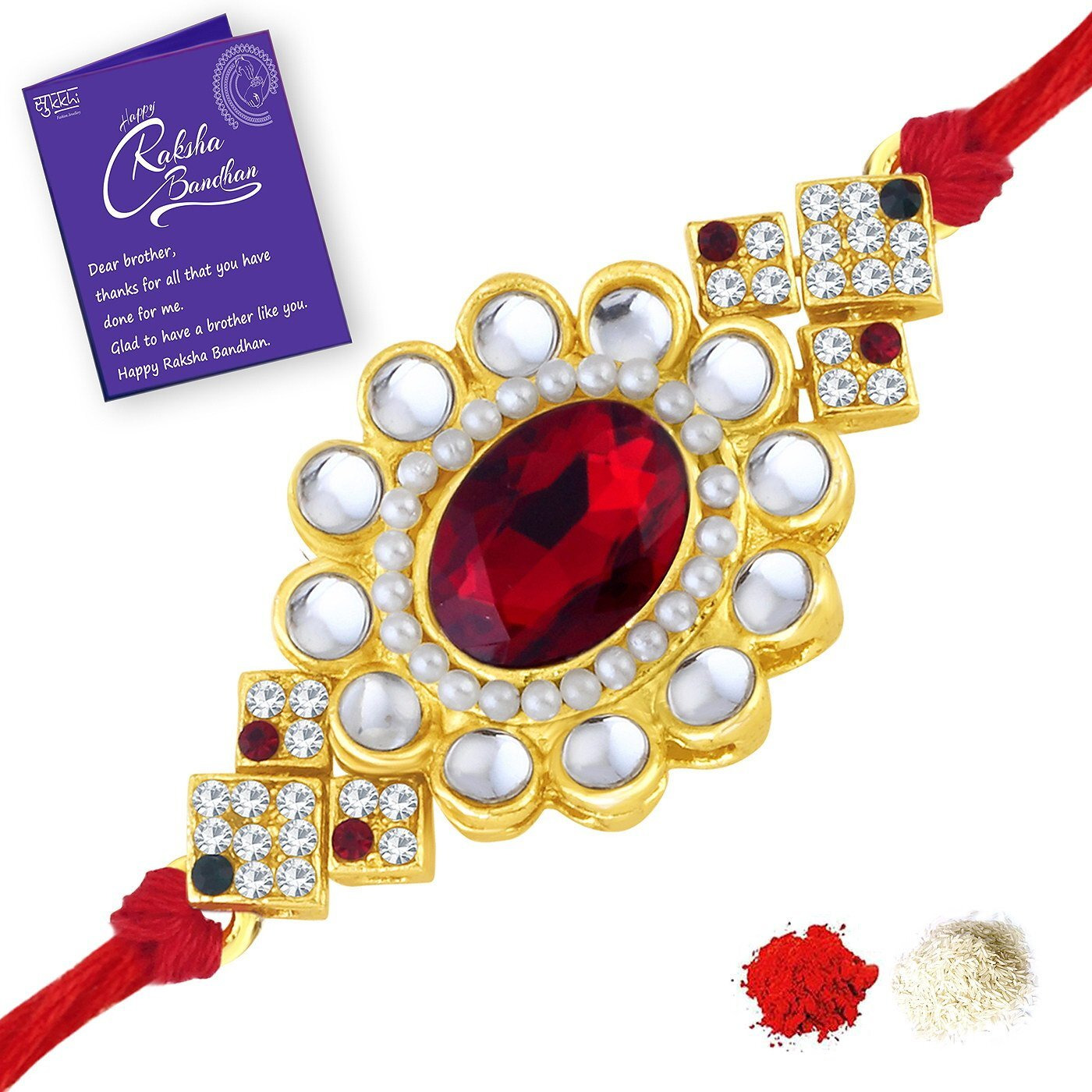 Sukkhi Rakhi Dreamy Kundan Designer Gold Plated Premium Rakhi For Brother With Roli Chawal & Greeting Card | Rakhi For Bhaiya | Rakhi For Men | Kundan Rakhi | (Rak73427)