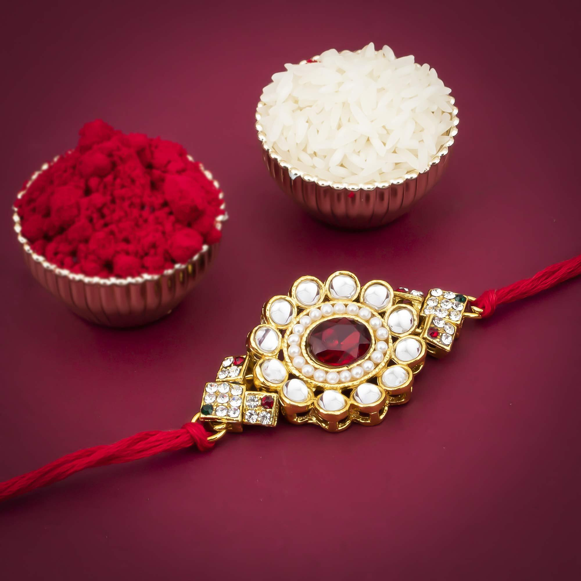 Sukkhi Rakhi Dreamy Kundan Designer Gold Plated Premium Rakhi For Brother With Roli Chawal & Greeting Card | Rakhi For Bhaiya | Rakhi For Men | Kundan Rakhi | (Rak73427)