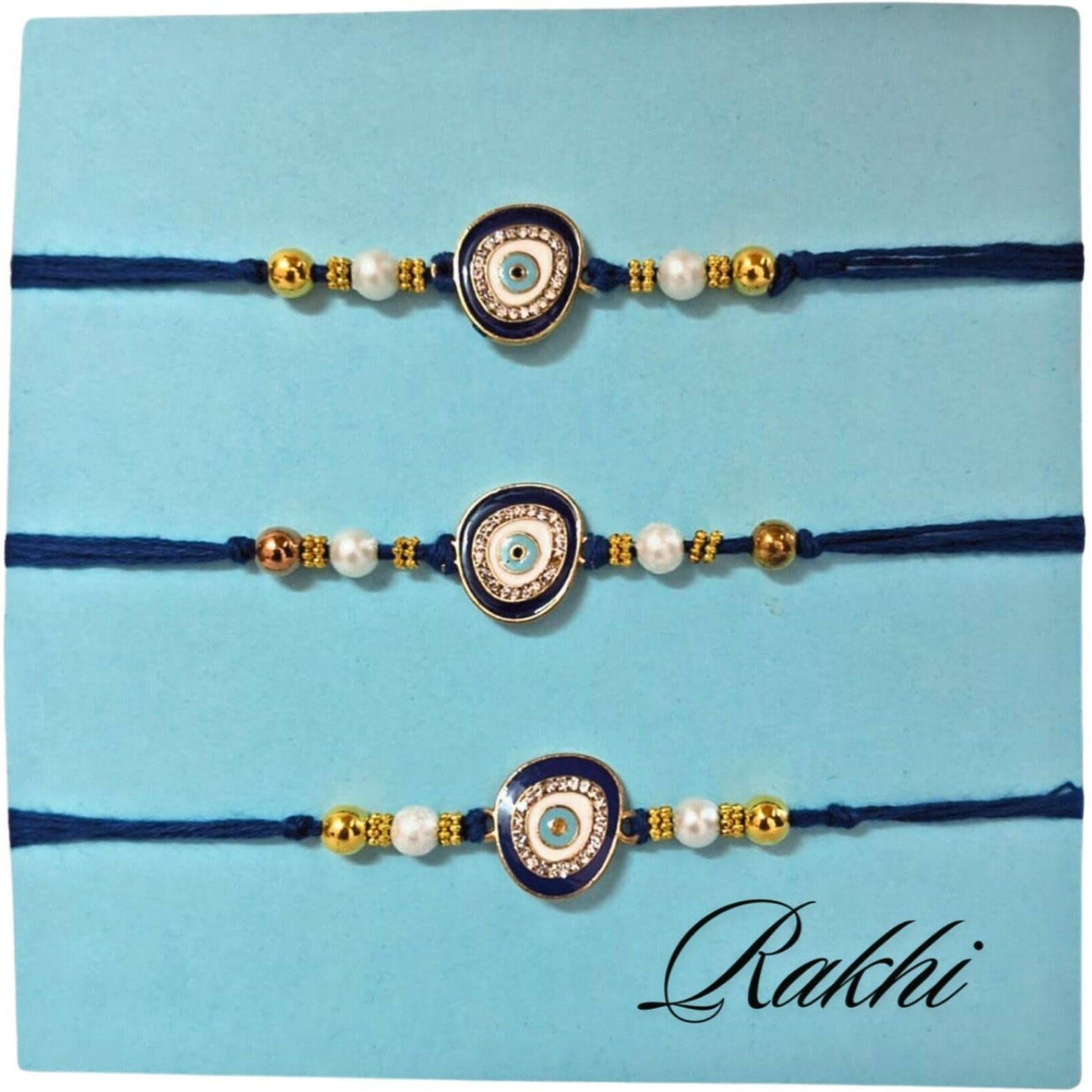 Alaukik Handmade Eligent Design Evil Eye Rakhi Protect From Negative Energy Unisex Evil Eye Rakhi With Beads Handmade Rakhi For Brother/Sister Set Of 3 With Roli And Chawal