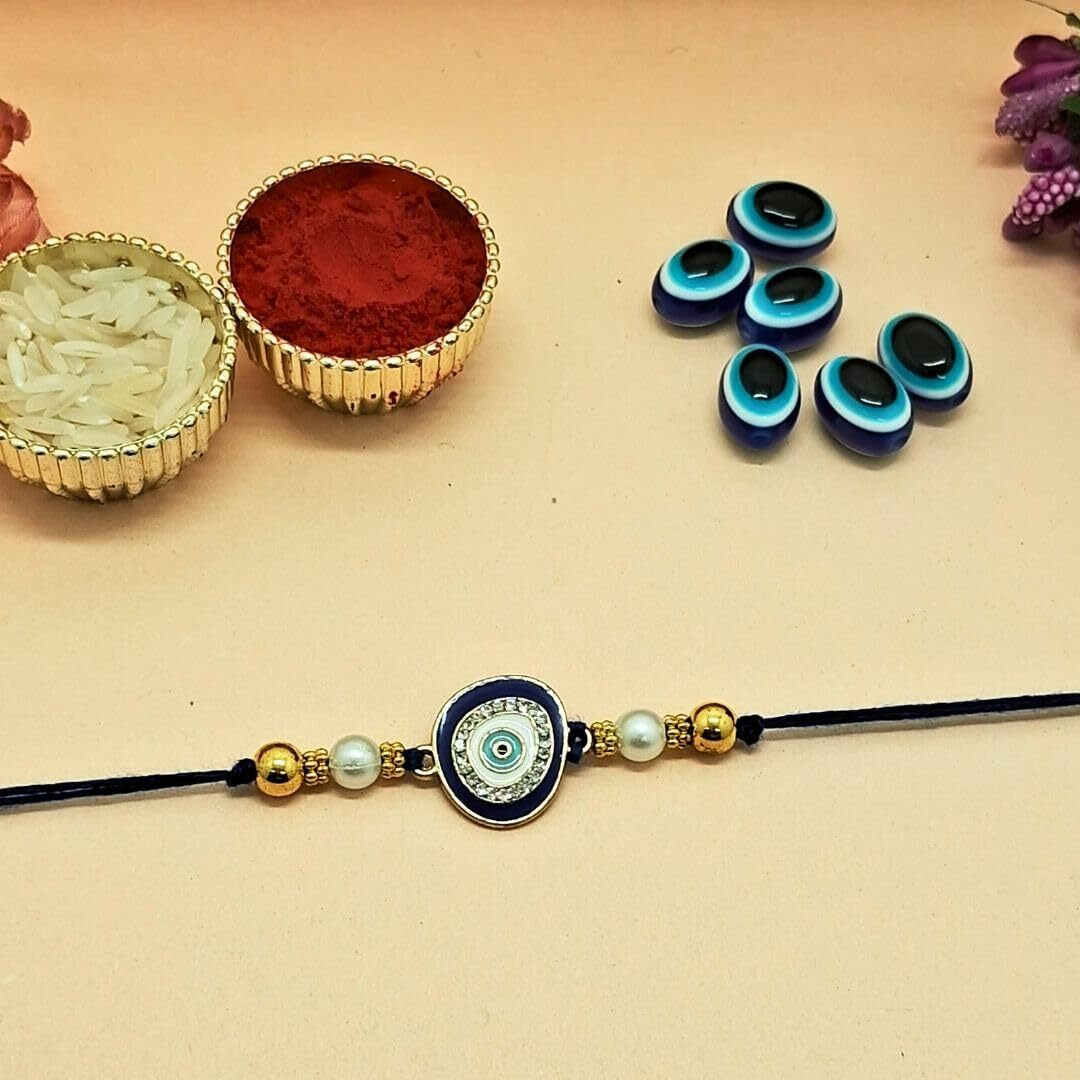 Alaukik Handmade Eligent Design Evil Eye Rakhi Protect From Negative Energy Unisex Evil Eye Rakhi With Beads Handmade Rakhi For Brother/Sister Set Of 3 With Roli And Chawal