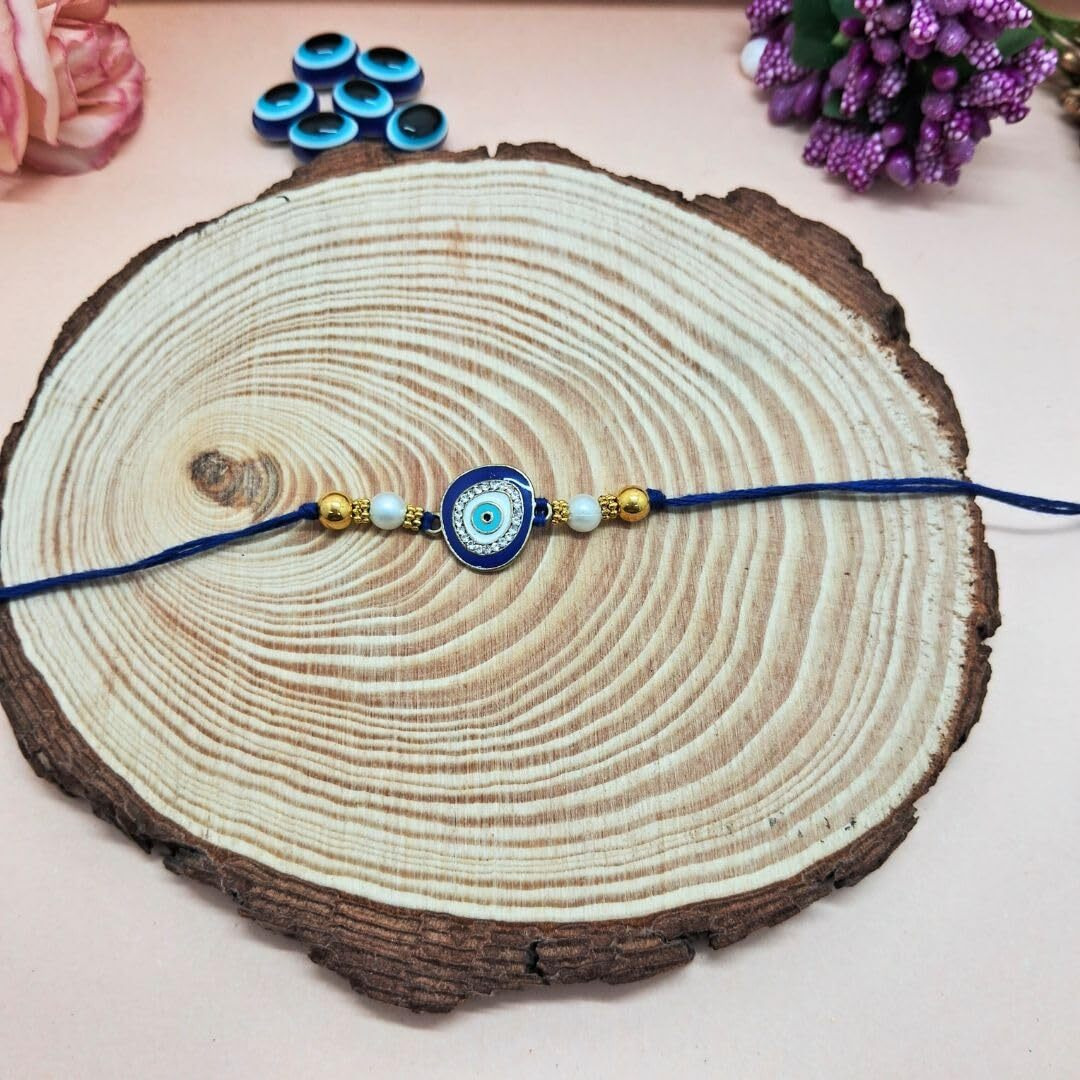 Alaukik Handmade Eligent Design Evil Eye Rakhi Protect From Negative Energy Unisex Evil Eye Rakhi With Beads Handmade Rakhi For Brother/Sister Set Of 3 With Roli And Chawal