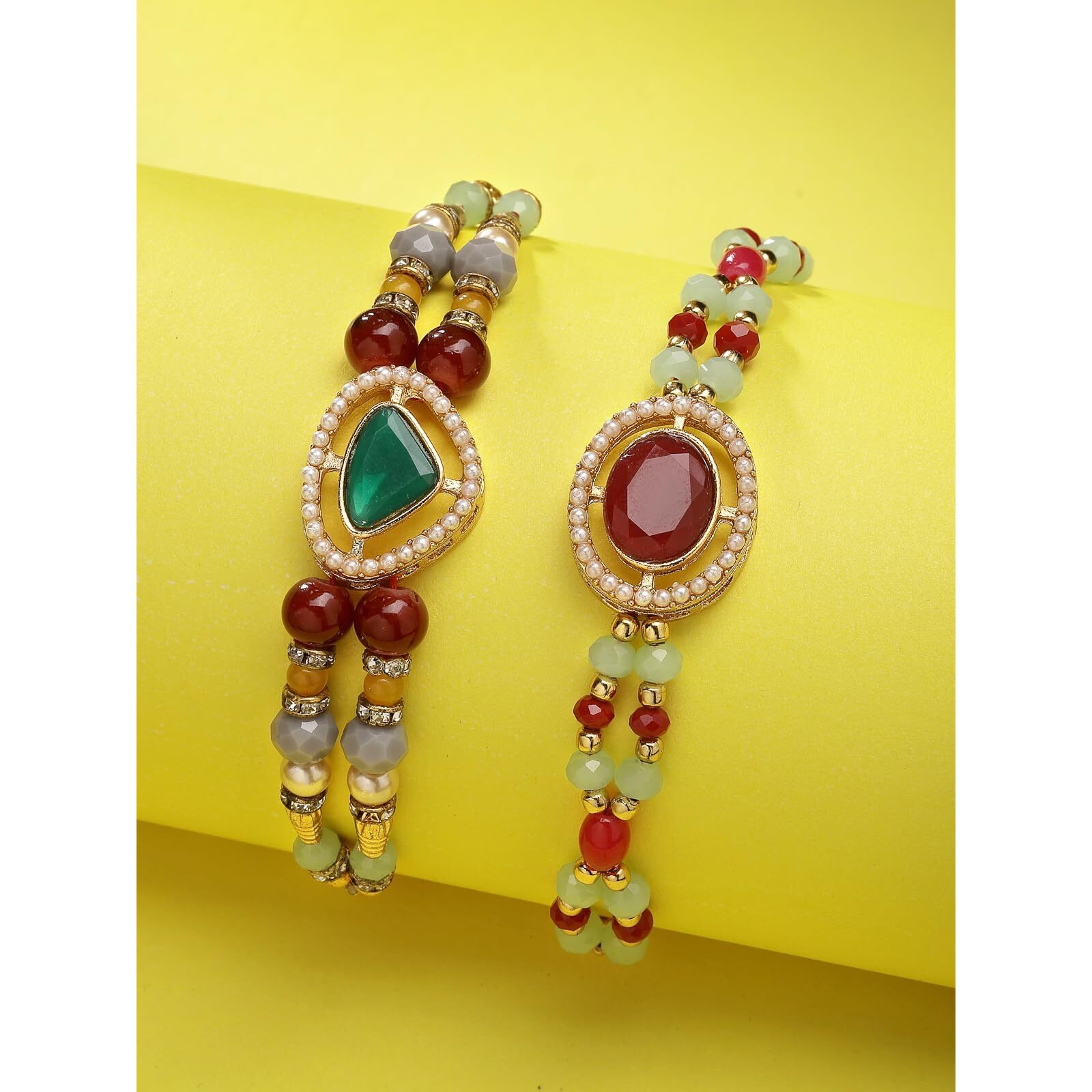 Sukkhi Rakhi Graceful Kundan & Pearls Designer Gold Plated Premium Rakhi For Brother With Roli Chawal & Greeting Card|Rakhi For Brother/Bhaiya/Bhai/Men|Kundan Rakhi|Rakhi Combo-Set Of 2|Cbrak106962