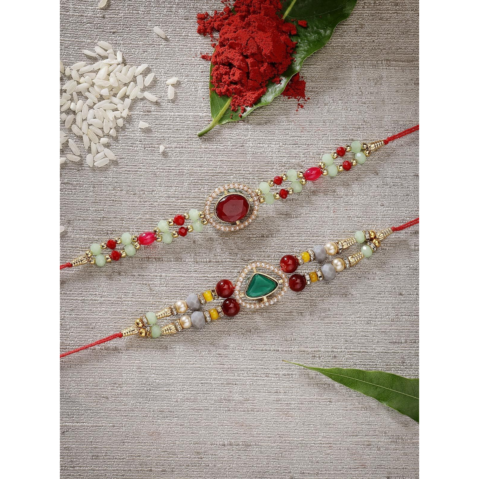 Sukkhi Rakhi Graceful Kundan & Pearls Designer Gold Plated Premium Rakhi For Brother With Roli Chawal & Greeting Card|Rakhi For Brother/Bhaiya/Bhai/Men|Kundan Rakhi|Rakhi Combo-Set Of 2|Cbrak106962
