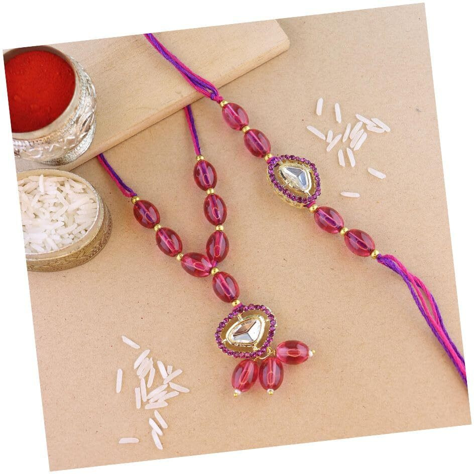 I Jewels Unisex Adult Designer Kundan & Pearl Hanging Bhaiya Bhabhi Lumba Rakhi Combo Set With Roli Chawal And Rakshabandhan Card (R104Wi-Co)