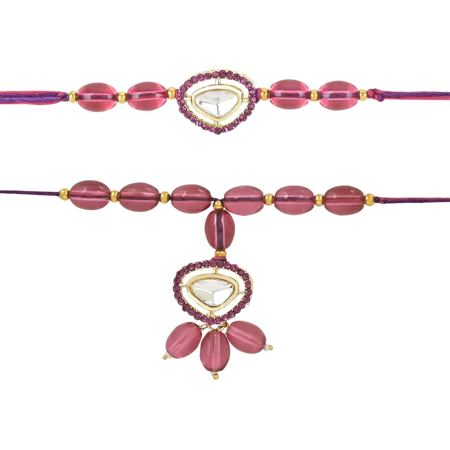 I Jewels Unisex Adult Designer Kundan & Pearl Hanging Bhaiya Bhabhi Lumba Rakhi Combo Set With Roli Chawal And Rakshabandhan Card (R104Wi-Co)