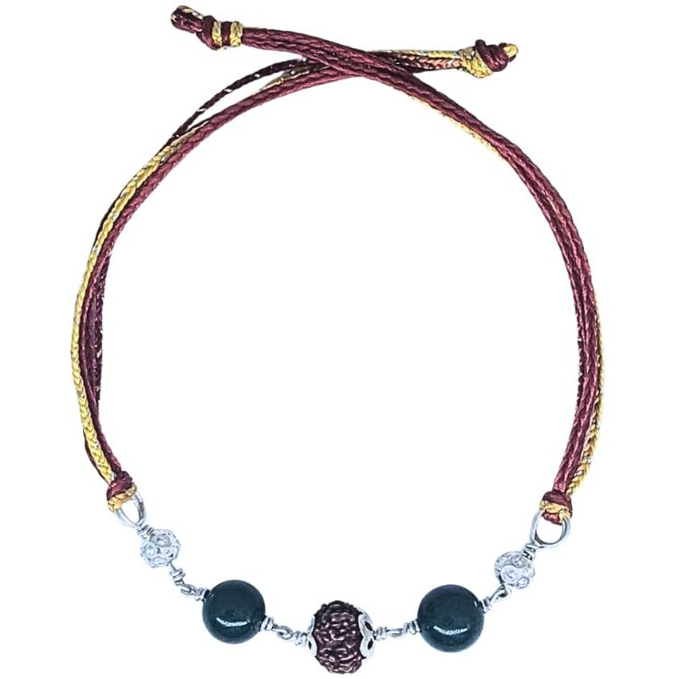Jade With Rudraksha Raksha Sutra For Brother In Silver Thread | Handmade Raksha Bandhan Rakhi | Traditional Spiritual Rakhi Gift For Men | Spiritual Rakhi For Men With Semi-Precious Stones