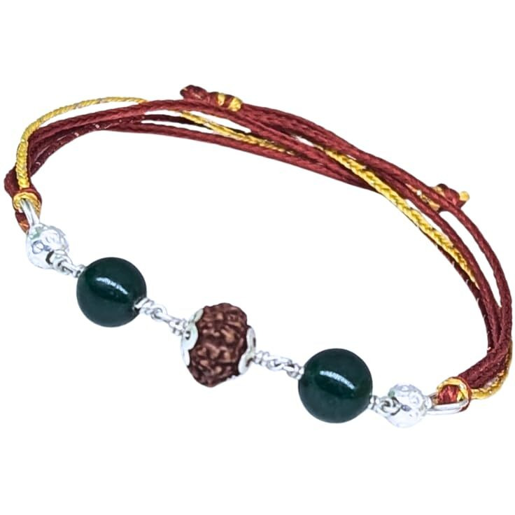 Jade With Rudraksha Raksha Sutra For Brother In Silver Thread | Handmade Raksha Bandhan Rakhi | Traditional Spiritual Rakhi Gift For Men | Spiritual Rakhi For Men With Semi-Precious Stones