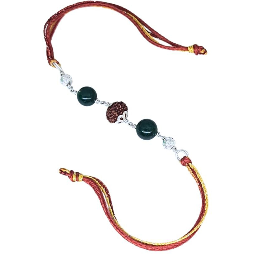 Jade With Rudraksha Raksha Sutra For Brother In Silver Thread | Handmade Raksha Bandhan Rakhi | Traditional Spiritual Rakhi Gift For Men | Spiritual Rakhi For Men With Semi-Precious Stones