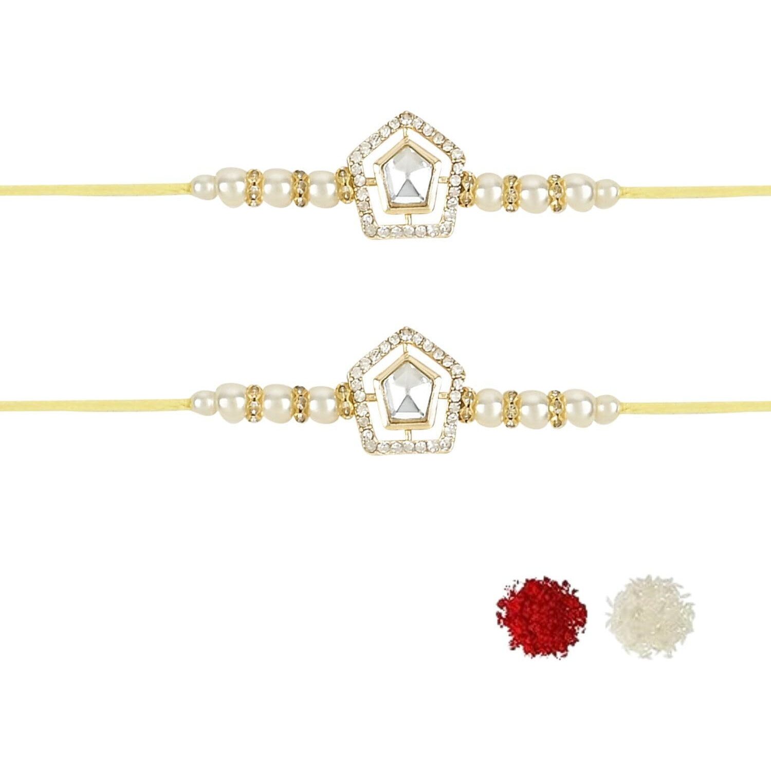 I Jewels Pearl & Kundan Designer Bhaiya Rakhi With Roli Chawal For Brother/Bro/Men With Rakshabandhan Card (R102W-2) (Pack Of 2)