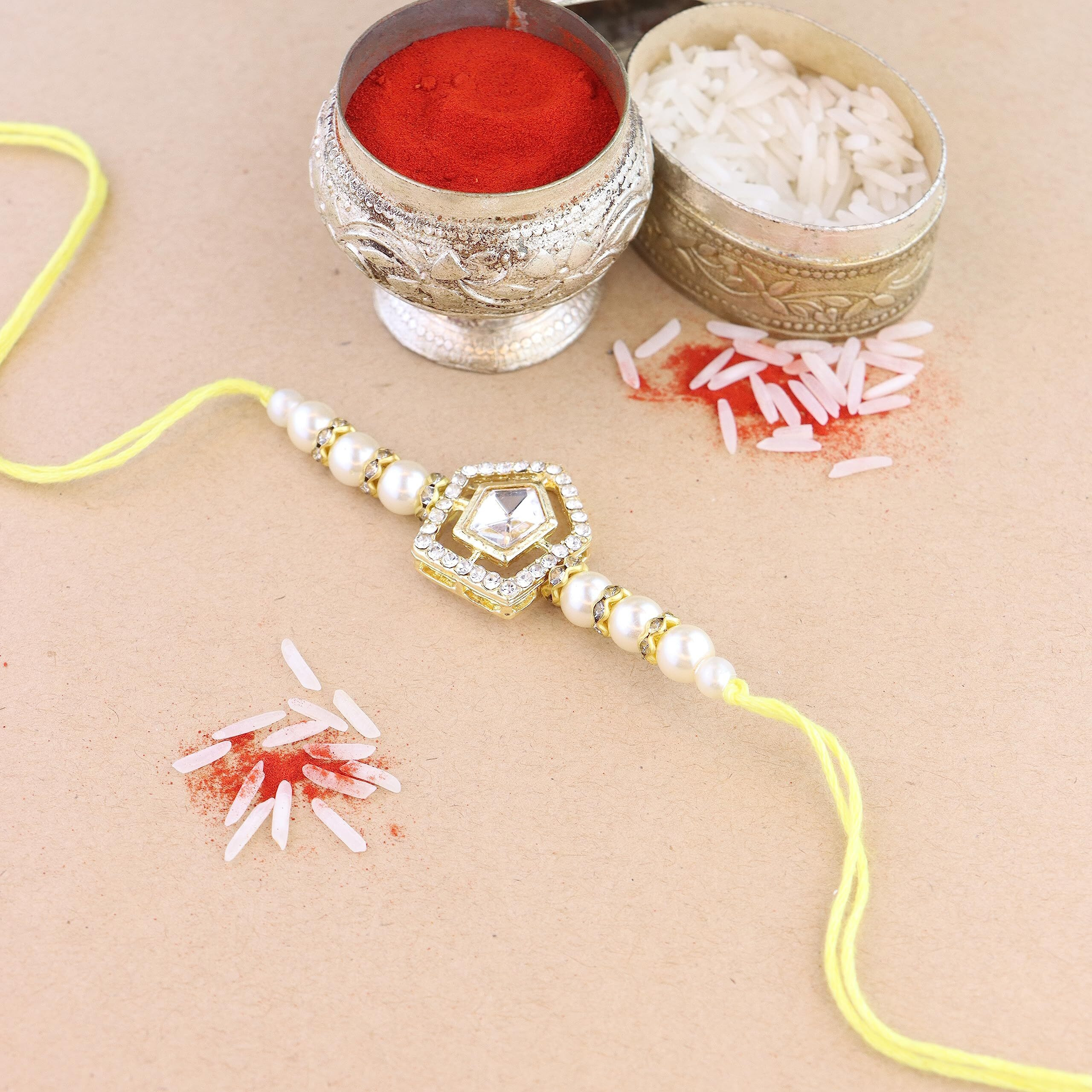 I Jewels Pearl & Kundan Designer Bhaiya Rakhi With Roli Chawal For Brother/Bro/Men With Rakshabandhan Card (R102W-2) (Pack Of 2)