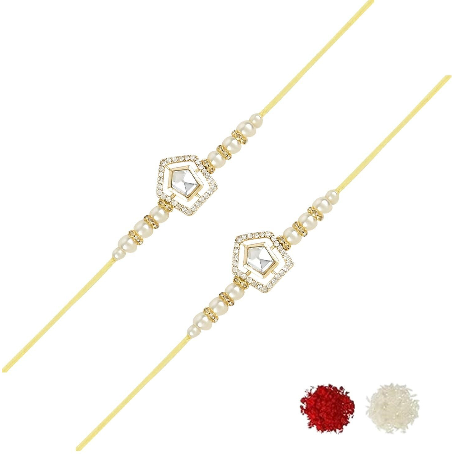 I Jewels Pearl & Kundan Designer Bhaiya Rakhi With Roli Chawal For Brother/Bro/Men With Rakshabandhan Card (R102W-2) (Pack Of 2)
