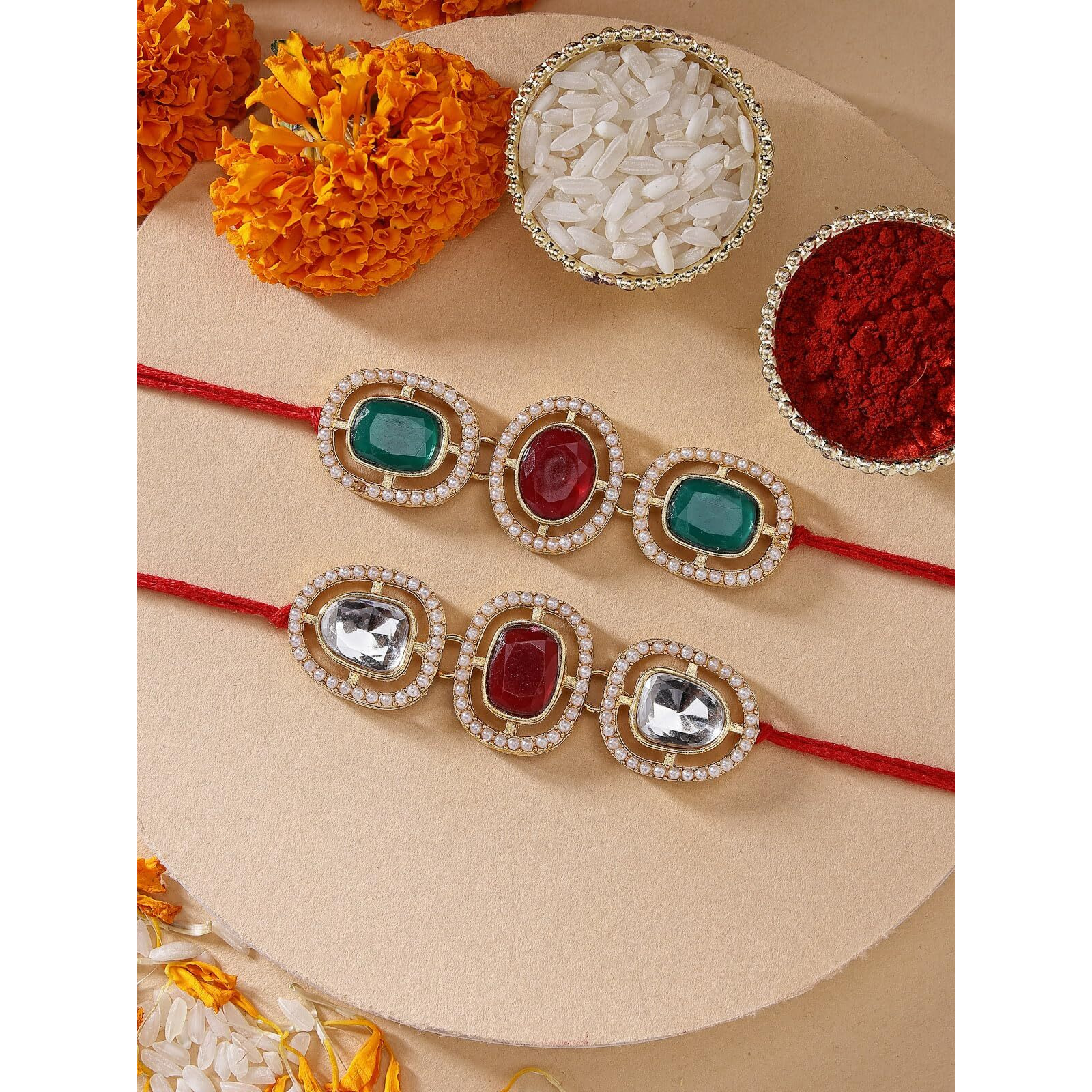 Sukkhi Rakhi Ethnic Kundan & Beads Designer Gold Plated Premium Rakhi For Brother With Roli Chawal & Greeting Card|Rakhi For Brother/Bhaiya/Bhai/Men|Kundan Rakhi|Rakhi Combo-Set Of 2|Cbrak106945