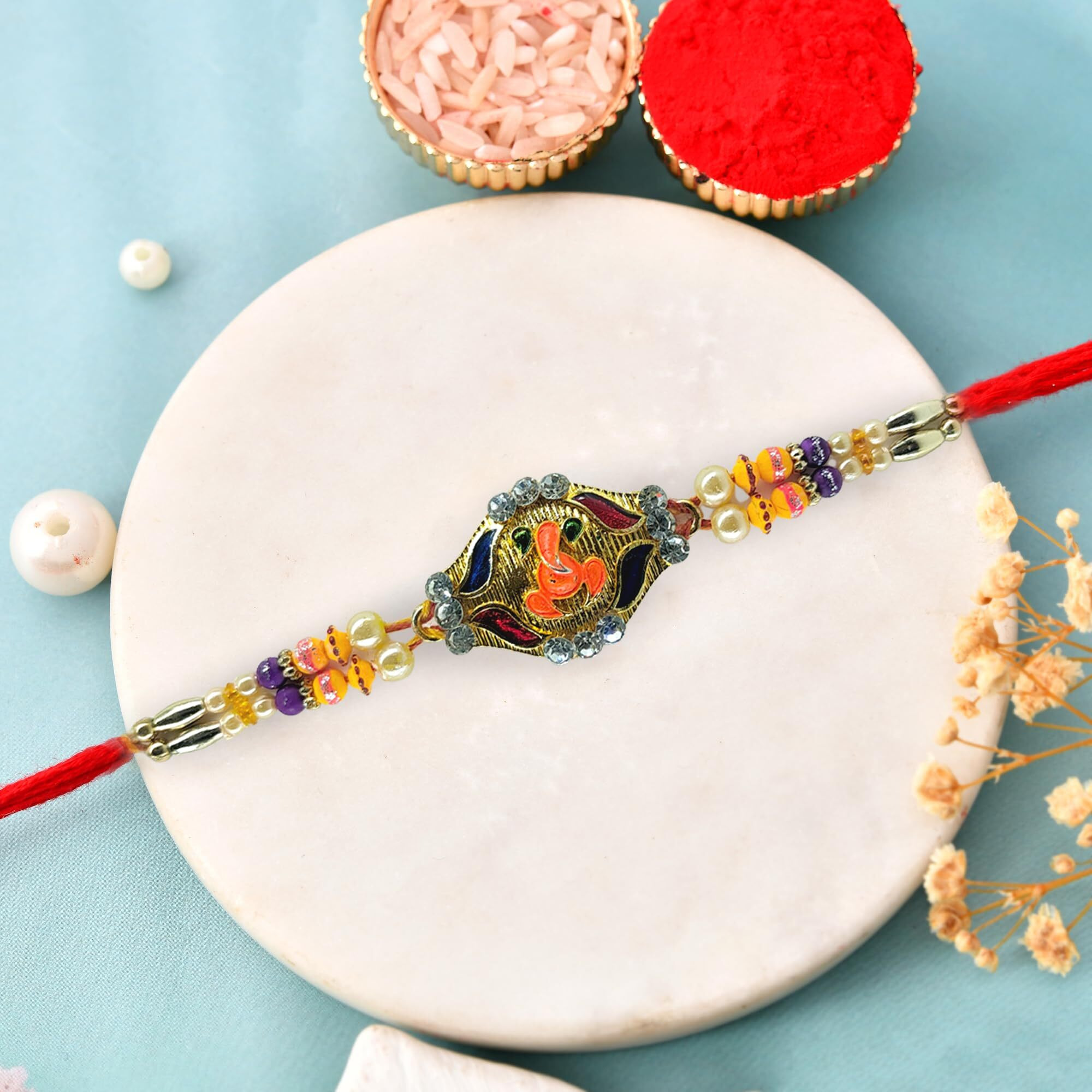 Collectible India Rakhi For Brother Bhaiya, Rakhi Set Of 1, Rakhis For Rakshabandhan, Designer Pendent Bracelet For Bhaiya Bhai Men Women With Best Wishes Card And Tilakk Set