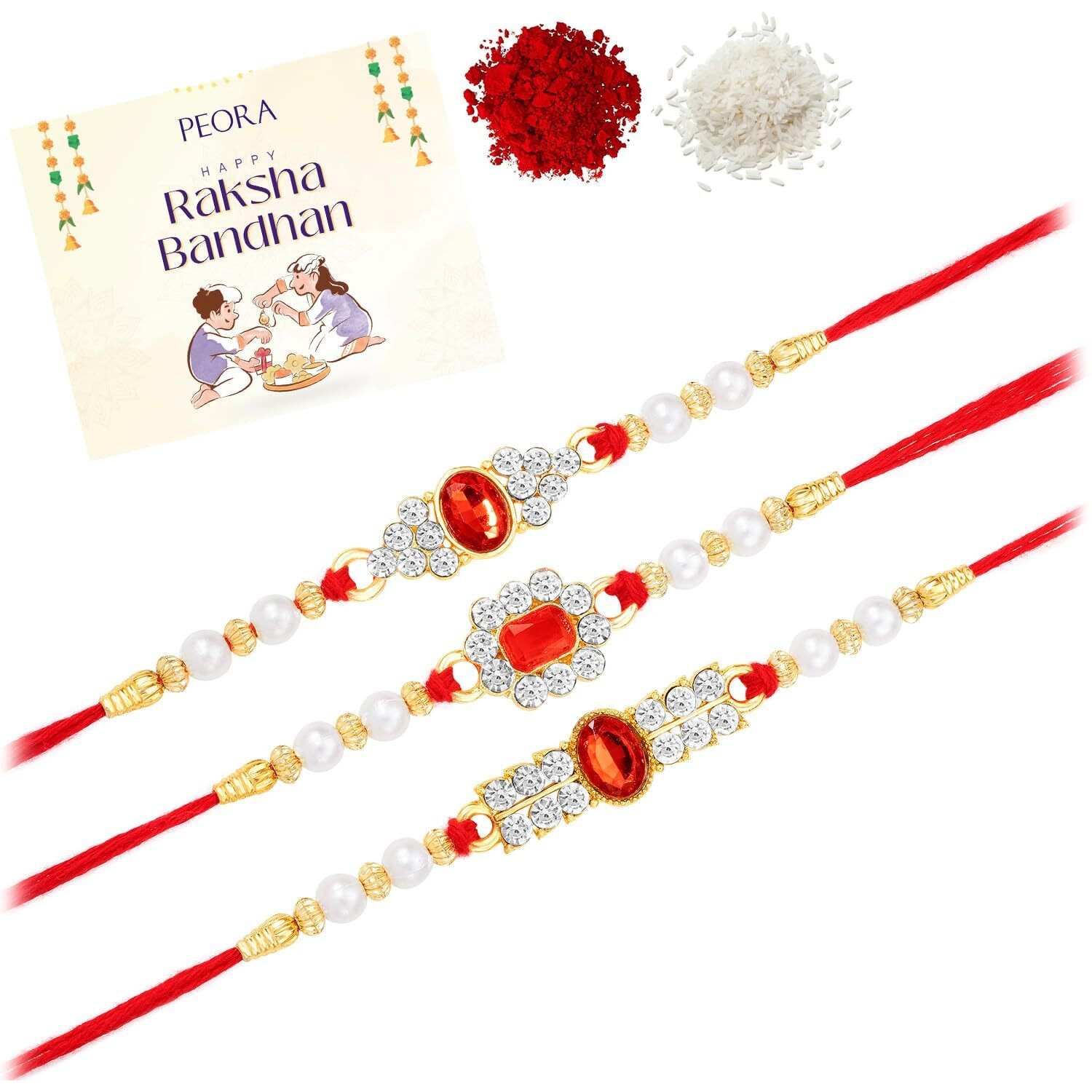 Peora Crystals & Beads Studded Thread Rakhi For Brother Bhaiya Raksha Bandhan Hamper With Roli Chawal & Greeting Card (Combo, Pack Of 3)