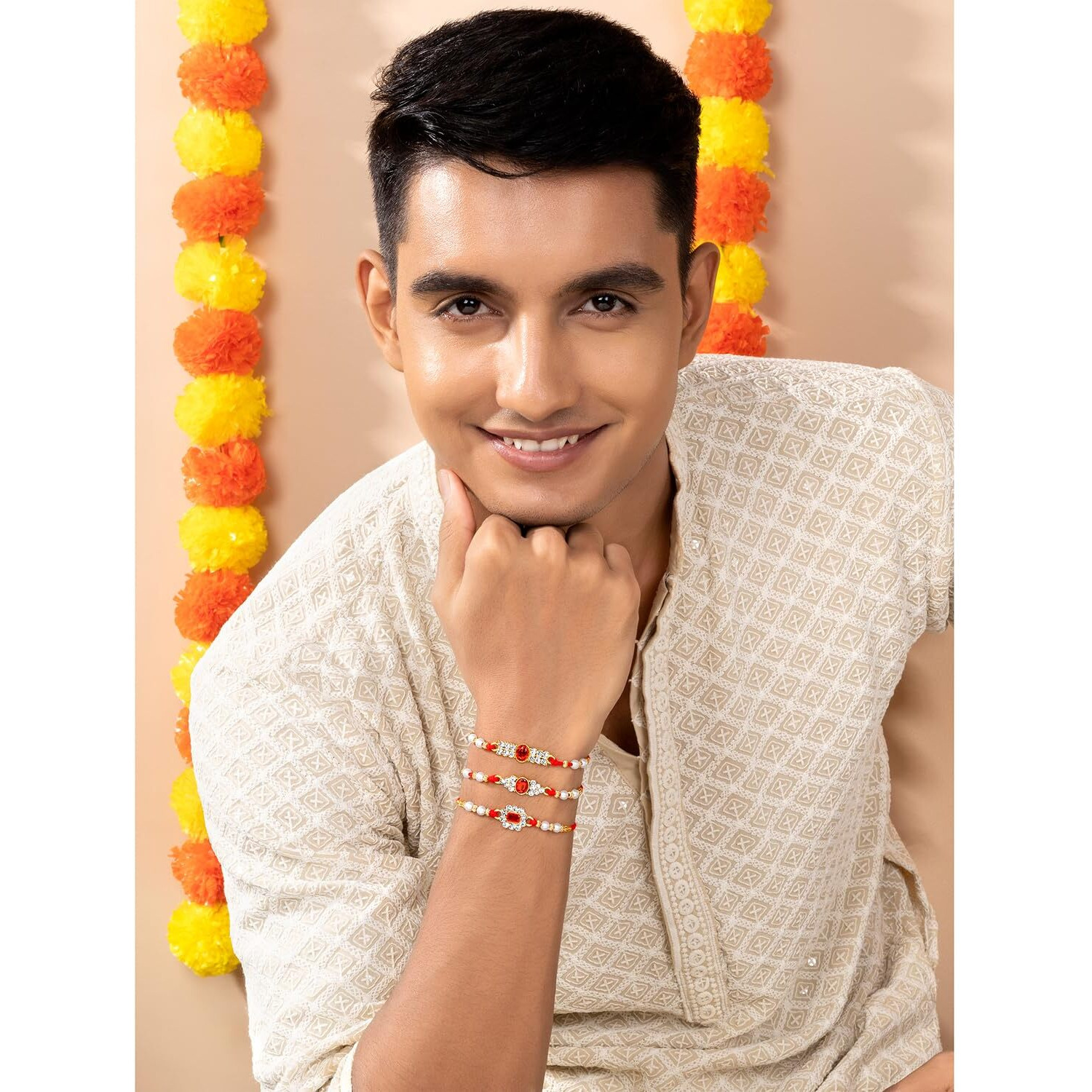 Peora Crystals & Beads Studded Thread Rakhi For Brother Bhaiya Raksha Bandhan Hamper With Roli Chawal & Greeting Card (Combo, Pack Of 3)